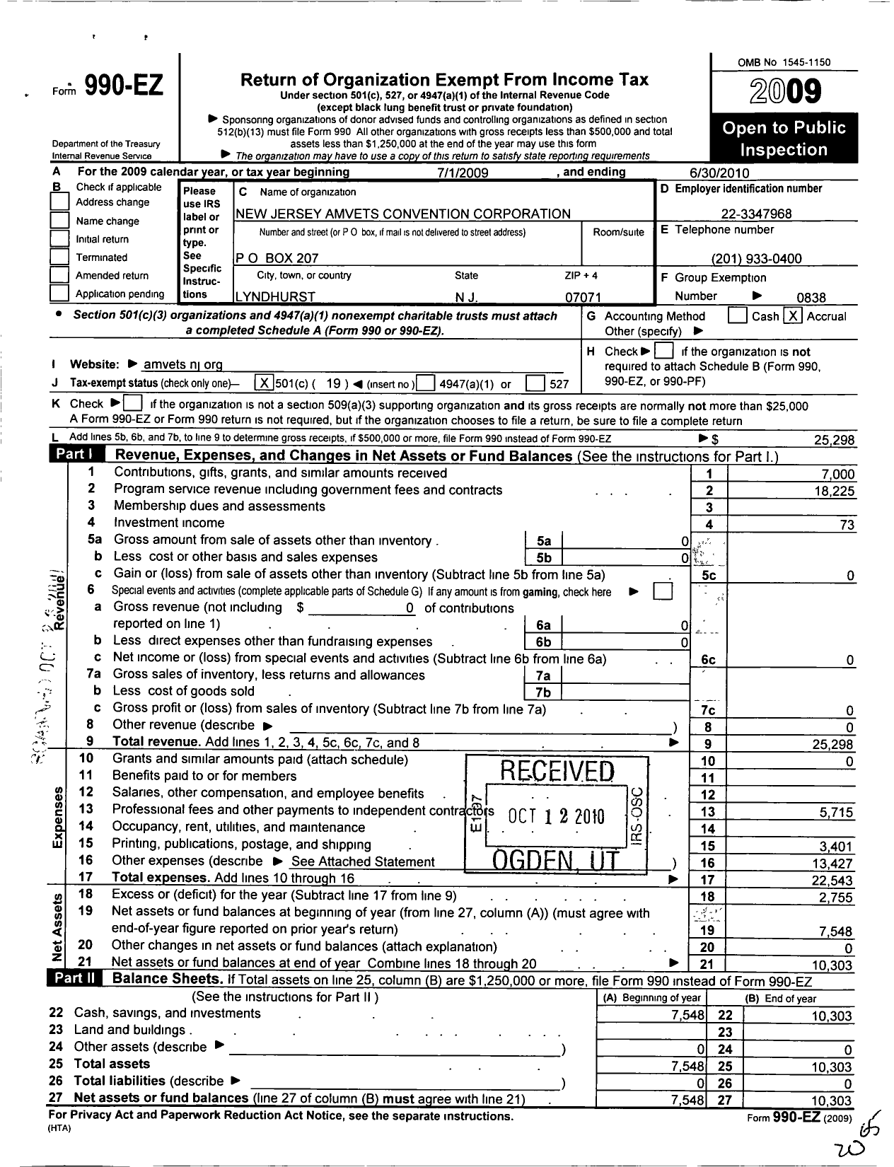 Image of first page of 2009 Form 990EO for Amvets - Convention Corporation New Jersey