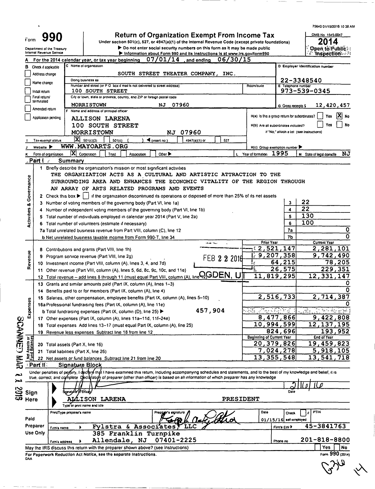 Image of first page of 2014 Form 990 for Mayo Performing Arts Center (MPAC)