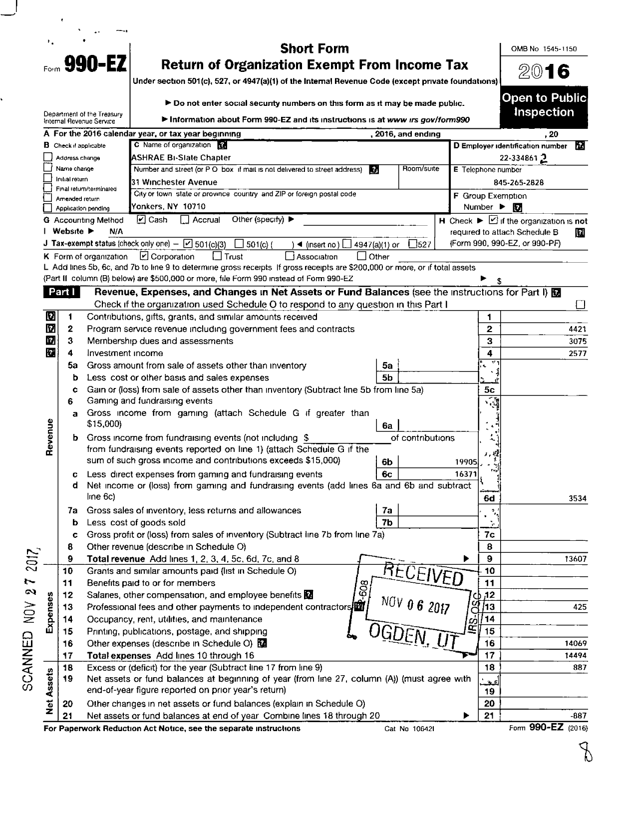 Image of first page of 2016 Form 990EZ for American Society of Heating Refrigerating and A-C Engineers / Bi-State