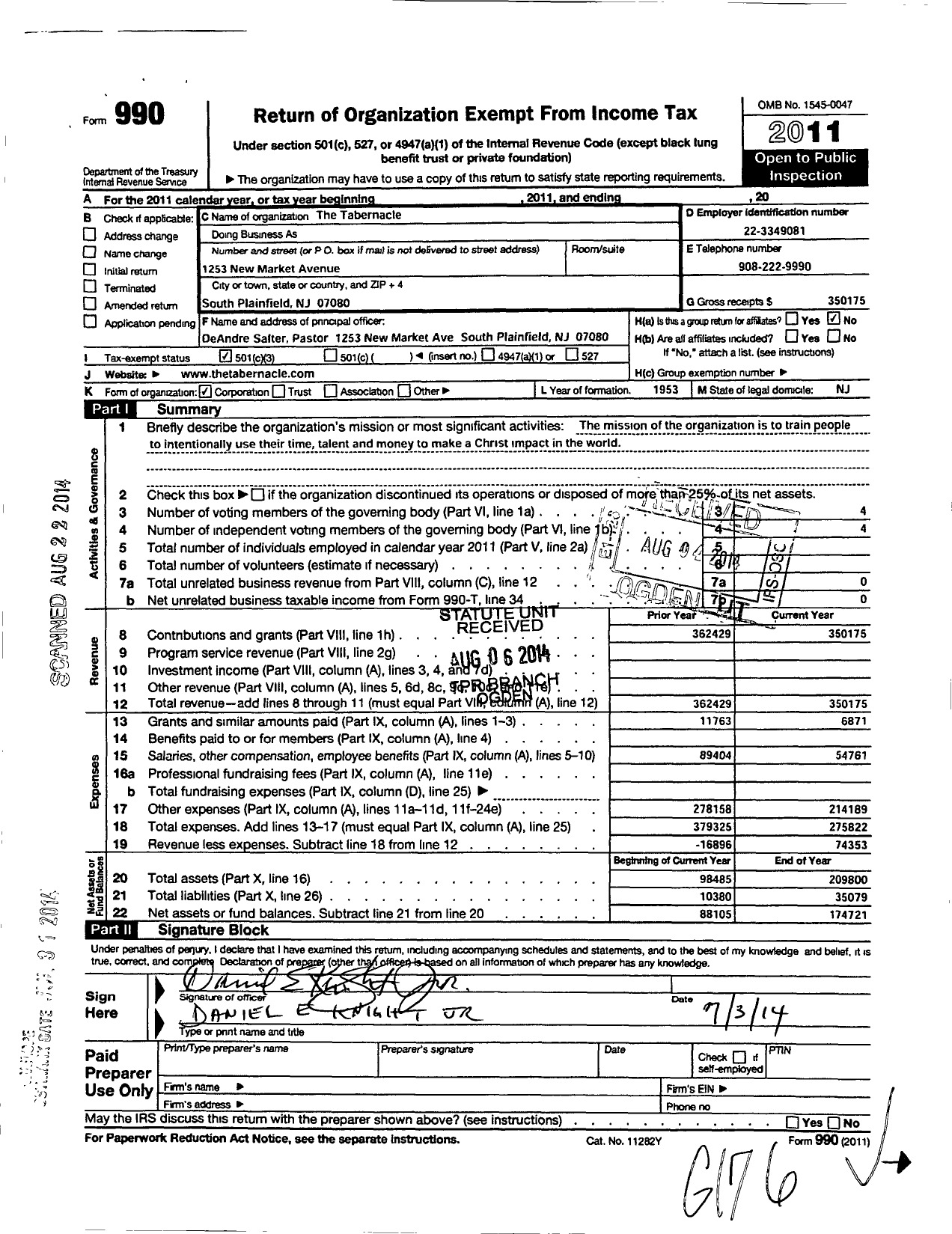 Image of first page of 2011 Form 990 for The Tabernacle