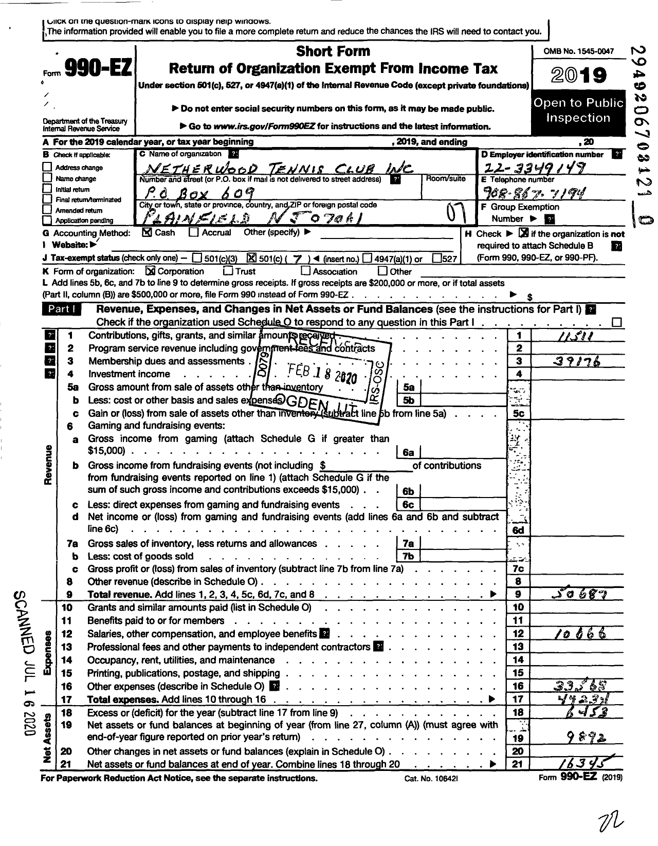 Image of first page of 2019 Form 990EO for Netherwood Tennis Club