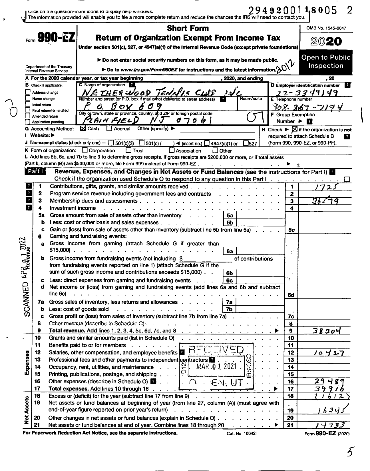 Image of first page of 2020 Form 990EO for Netherwood Tennis Club