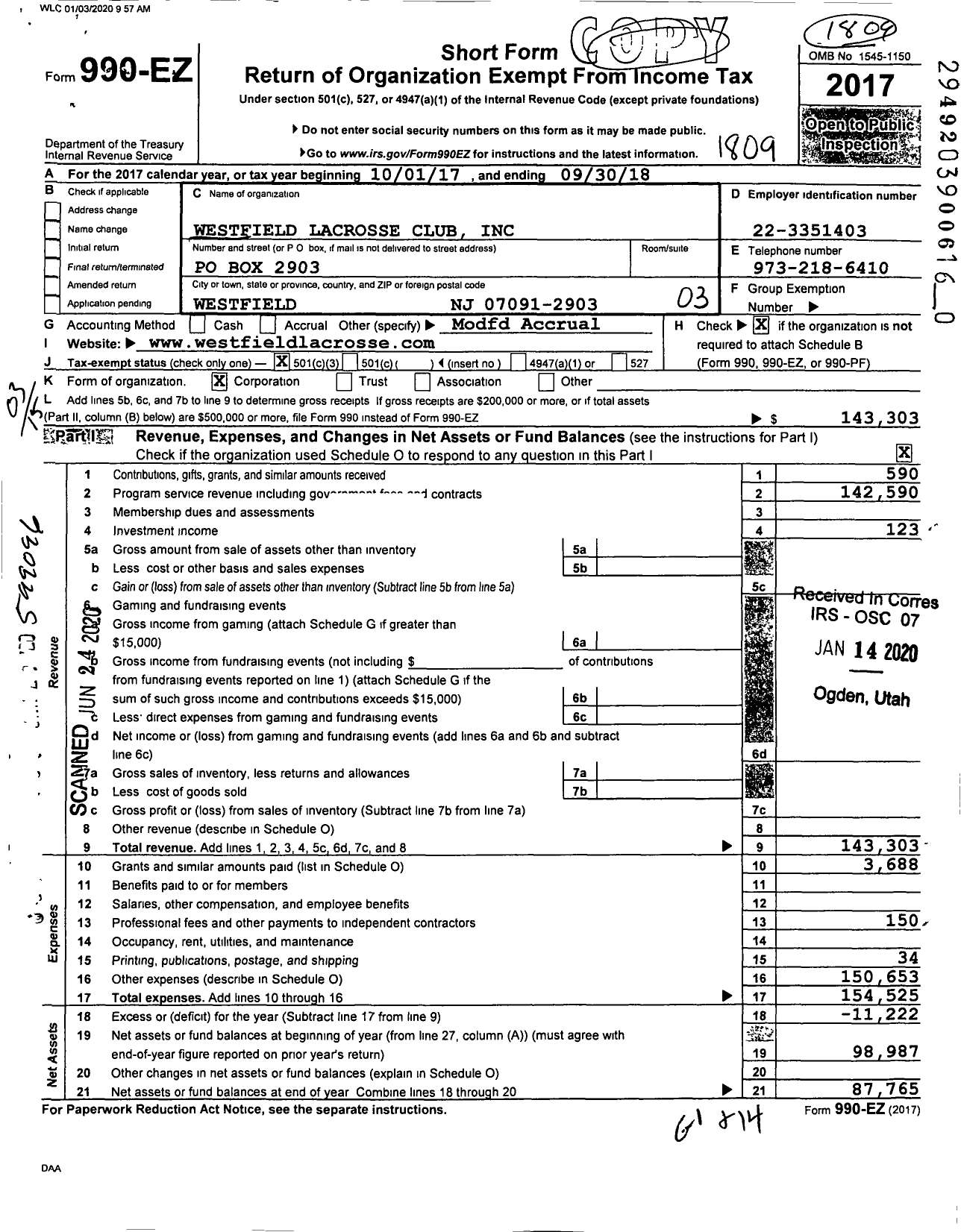 Image of first page of 2017 Form 990EZ for Westfield Lacrosse Club