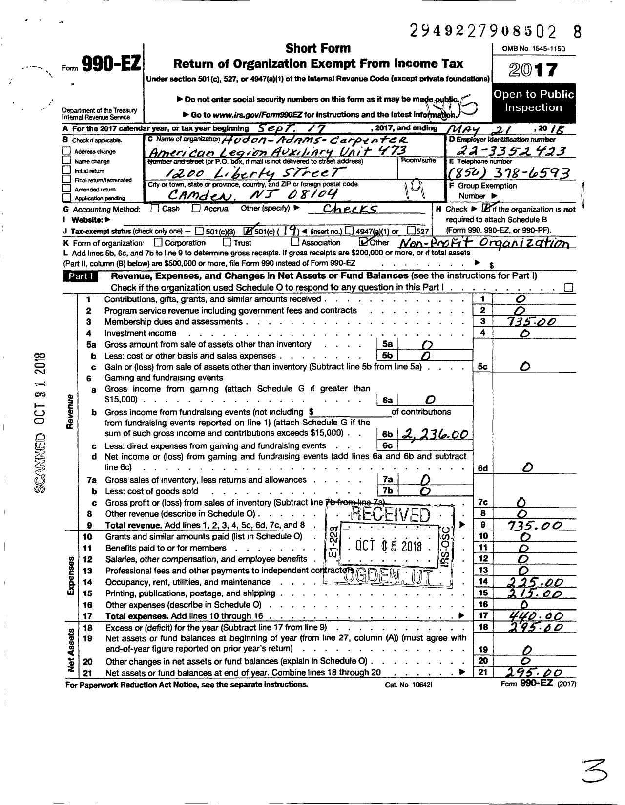 Image of first page of 2017 Form 990EO for Hudson Adams Carpenter American Legion Unit 473