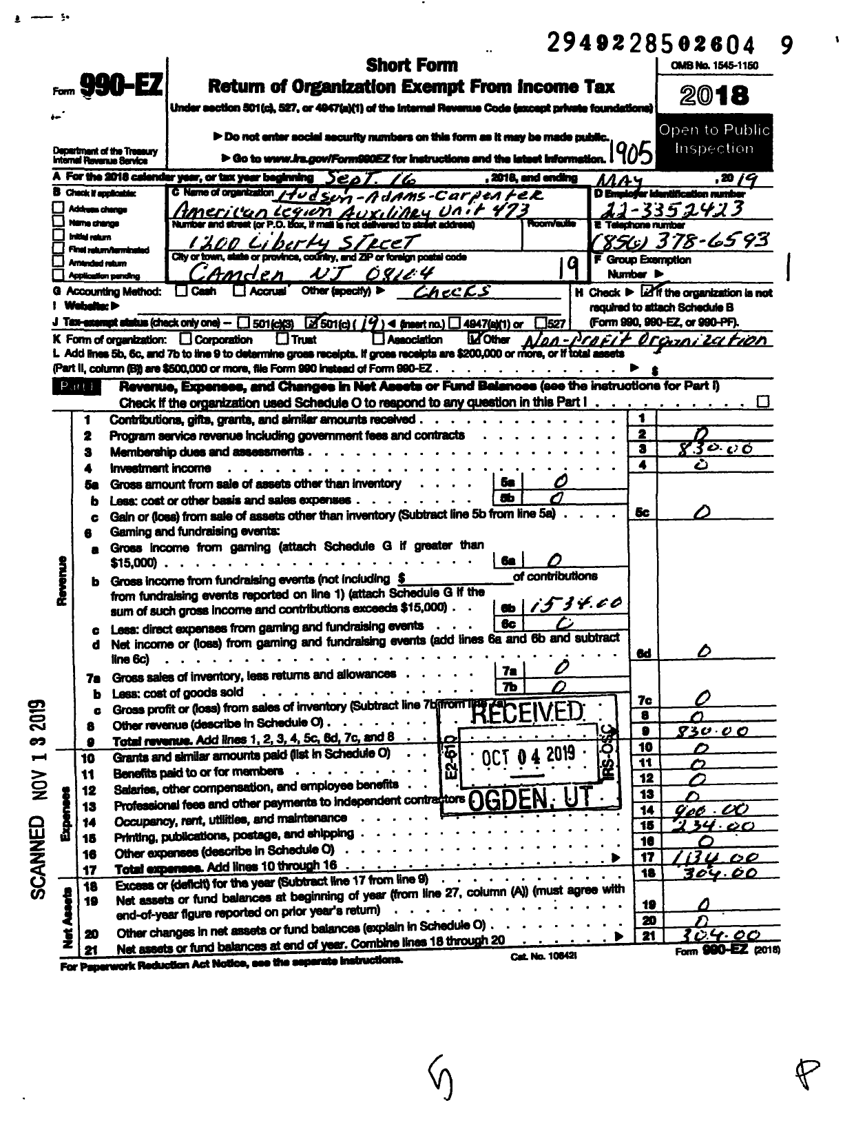 Image of first page of 2018 Form 990EO for Hudson Adams Carpenter American Legion Unit 473