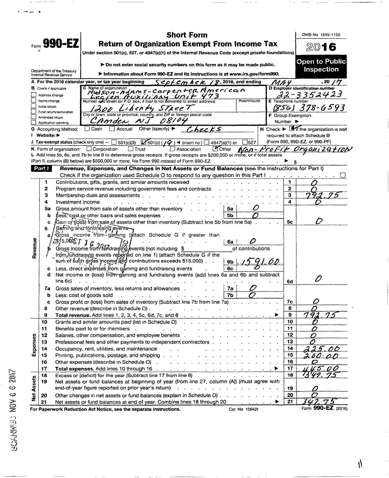 Image of first page of 2016 Form 990EO for Hudson Adams Carpenter American Legion Unit 473