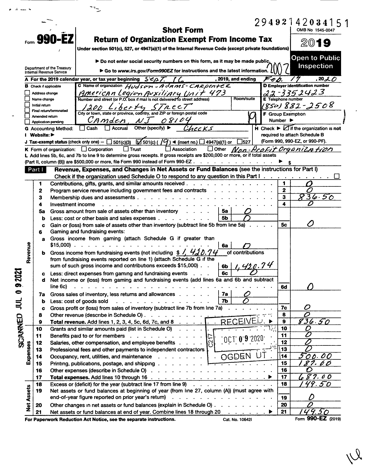 Image of first page of 2019 Form 990EO for Hudson Adams Carpenter American Legion Unit 473