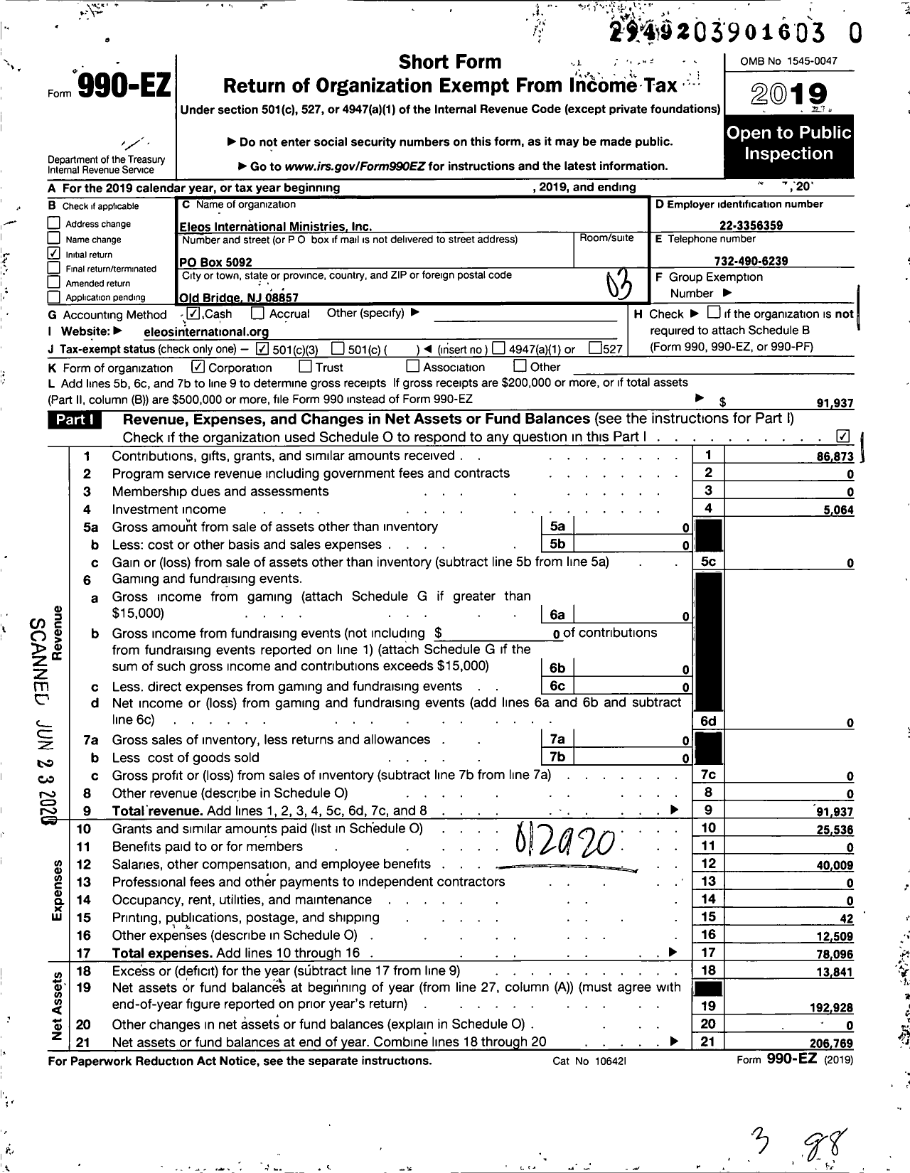 Image of first page of 2019 Form 990EZ for Eleos International Ministries