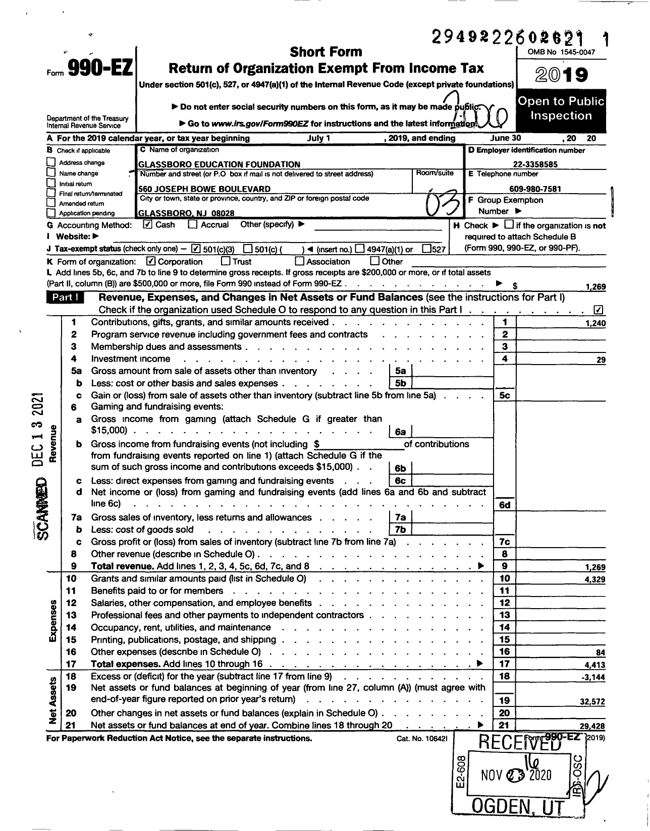 Image of first page of 2019 Form 990EZ for Glassboro Education Foundation