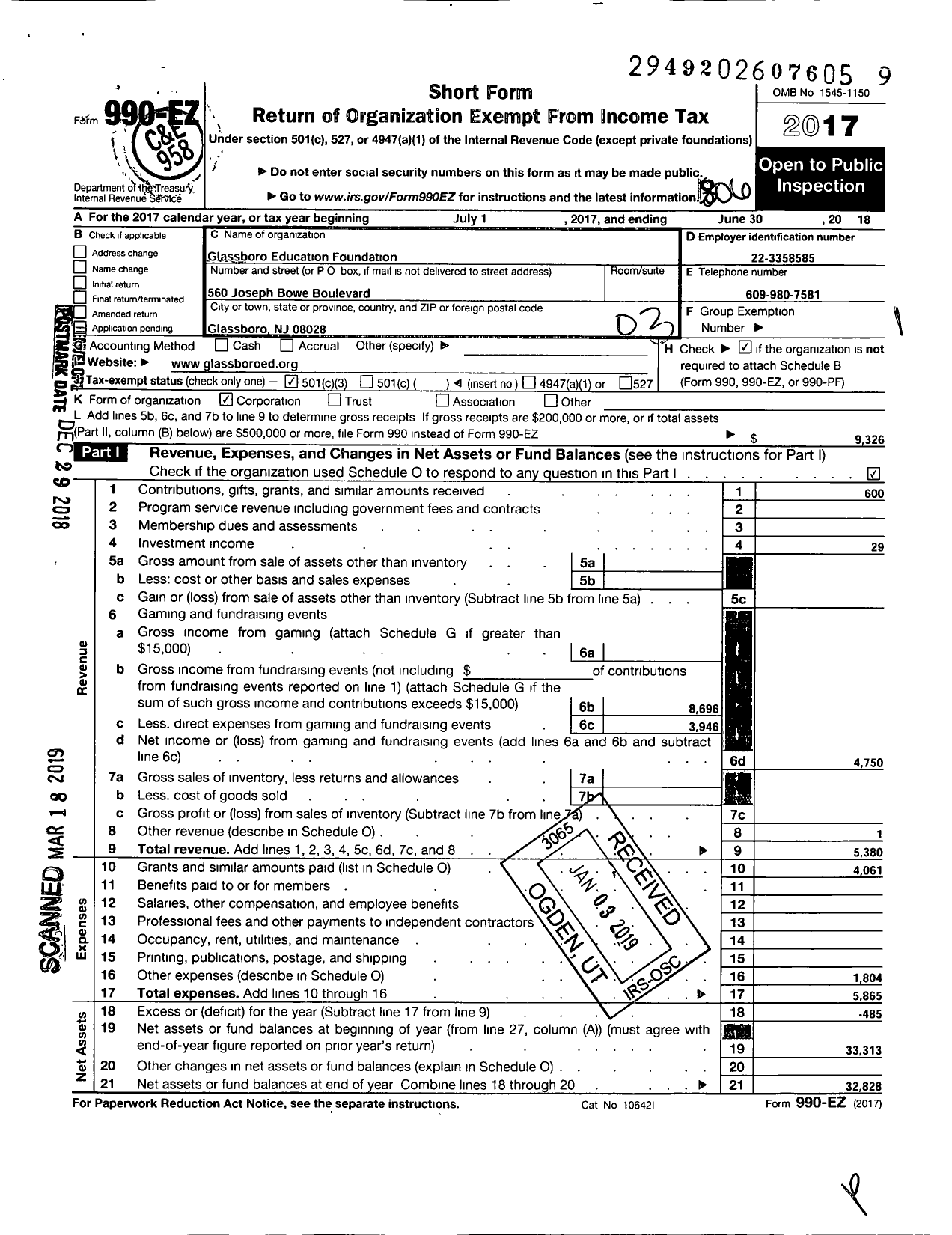 Image of first page of 2017 Form 990EZ for Glassboro Education Foundation