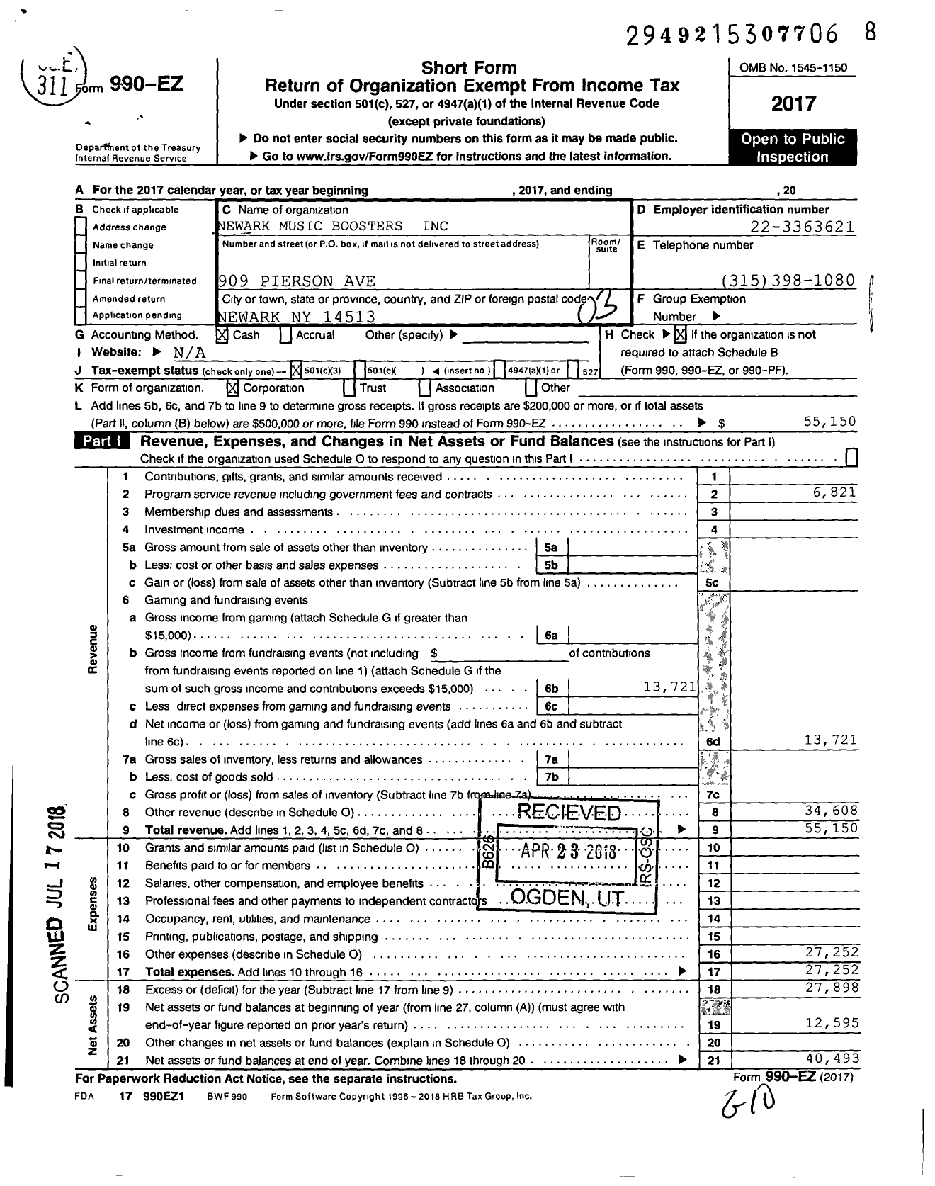 Image of first page of 2017 Form 990EZ for Newark Music Boosters