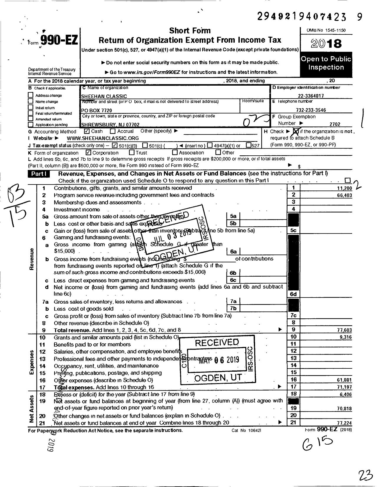 Image of first page of 2018 Form 990EZ for Sheehan Classic