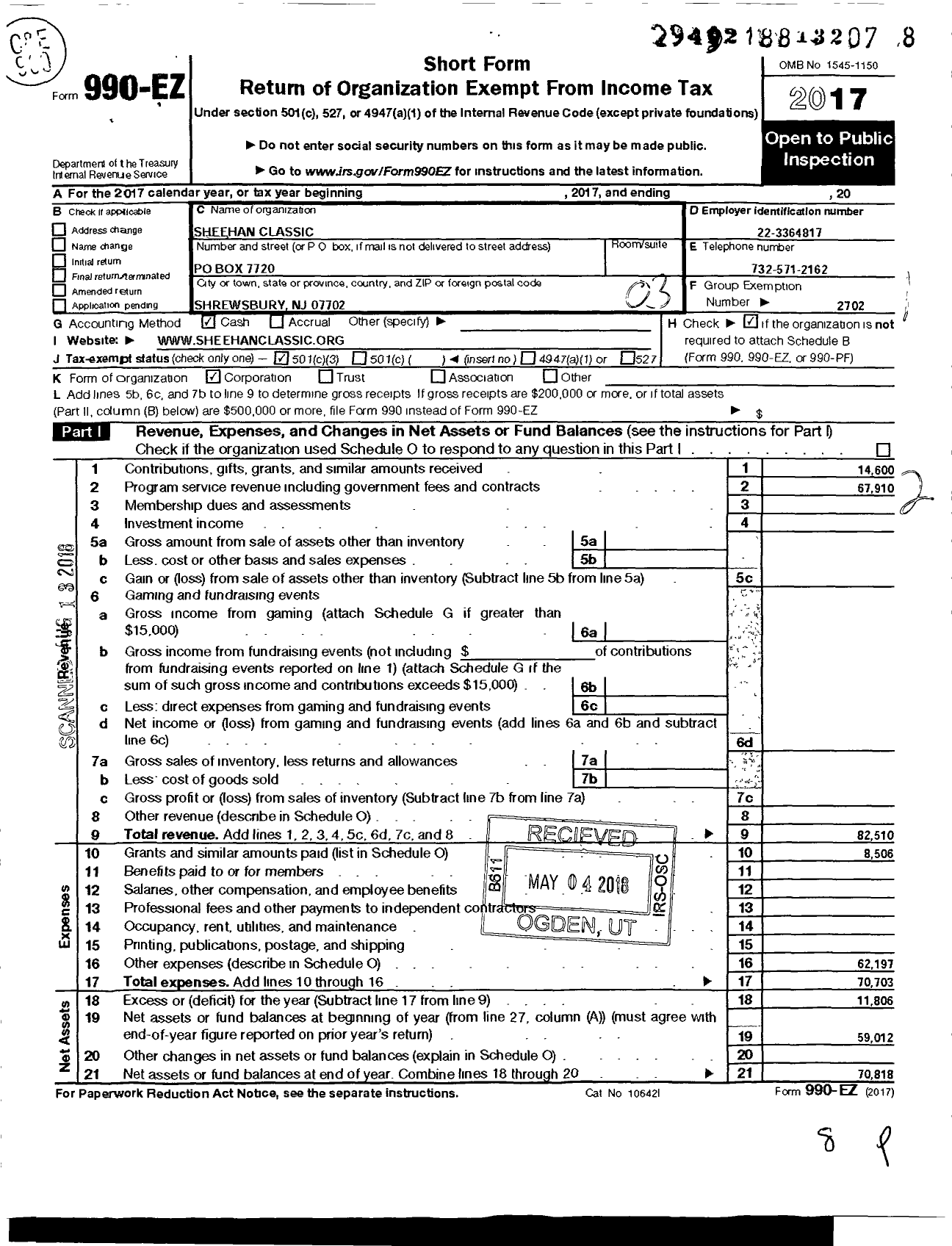 Image of first page of 2017 Form 990EZ for Sheehan Classic