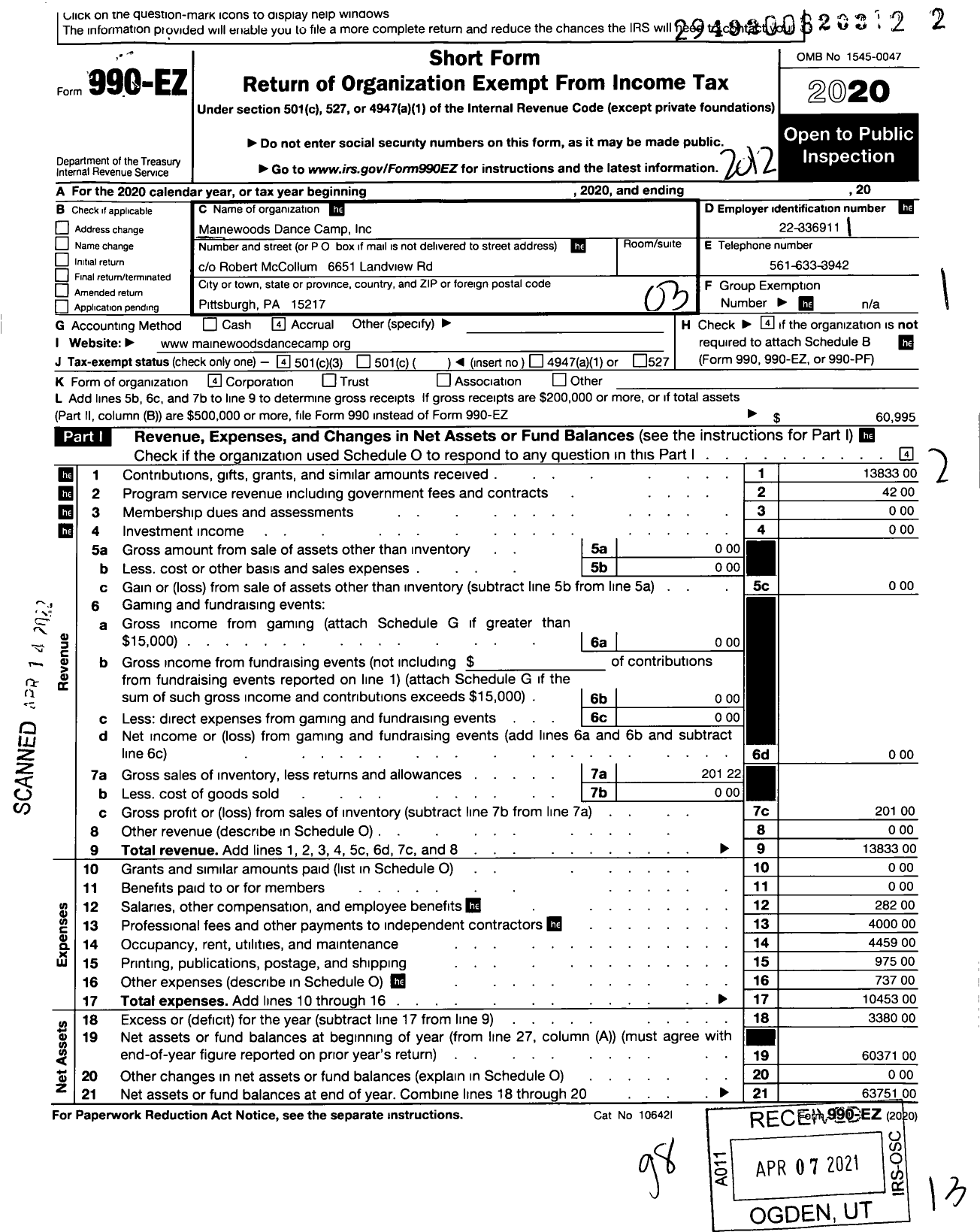 Image of first page of 2020 Form 990EZ for Mainewoods Dance Camp