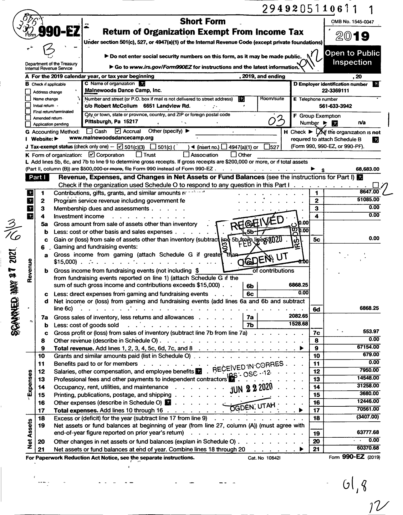 Image of first page of 2019 Form 990EZ for Mainewoods Dance Camp