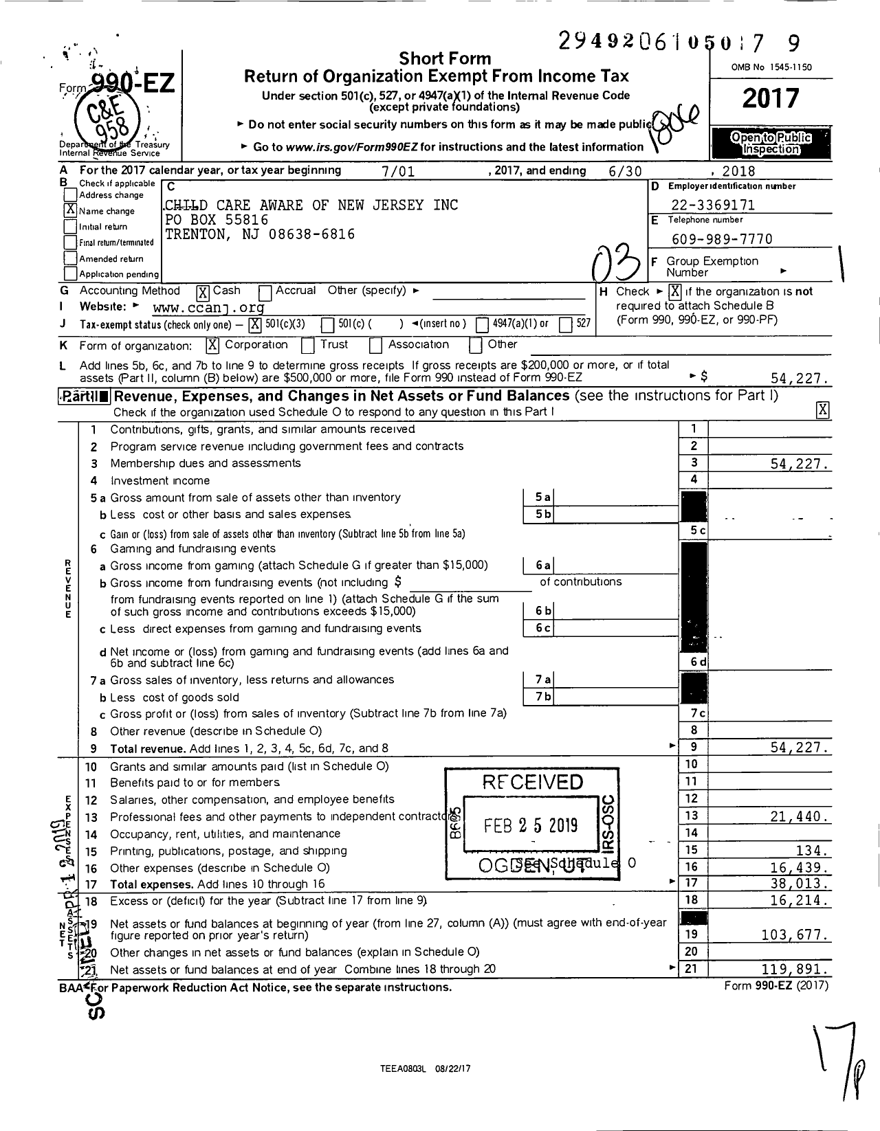 Image of first page of 2017 Form 990EZ for Child Care Aware of New Jersey
