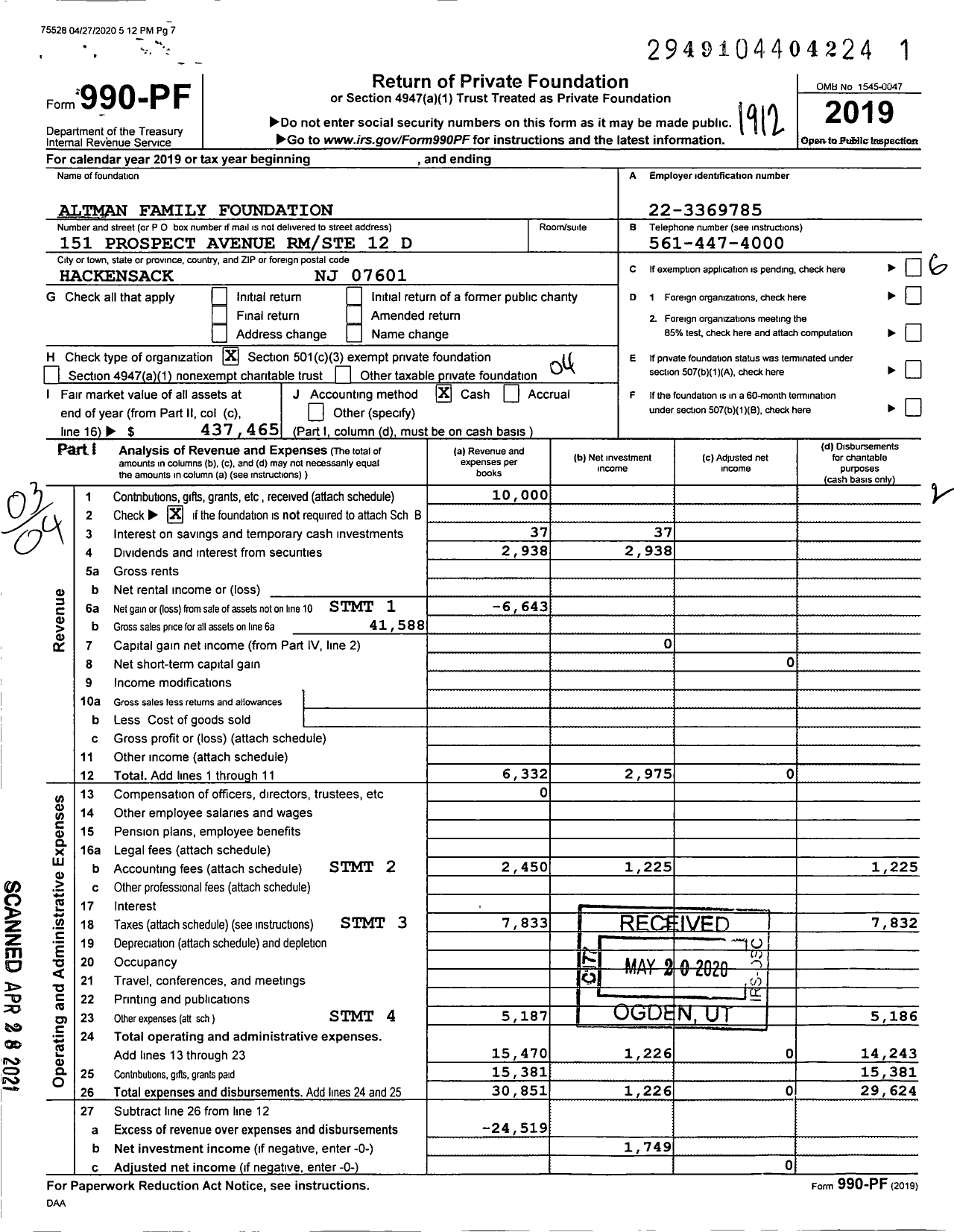 Image of first page of 2019 Form 990PF for Altman Family Foundation