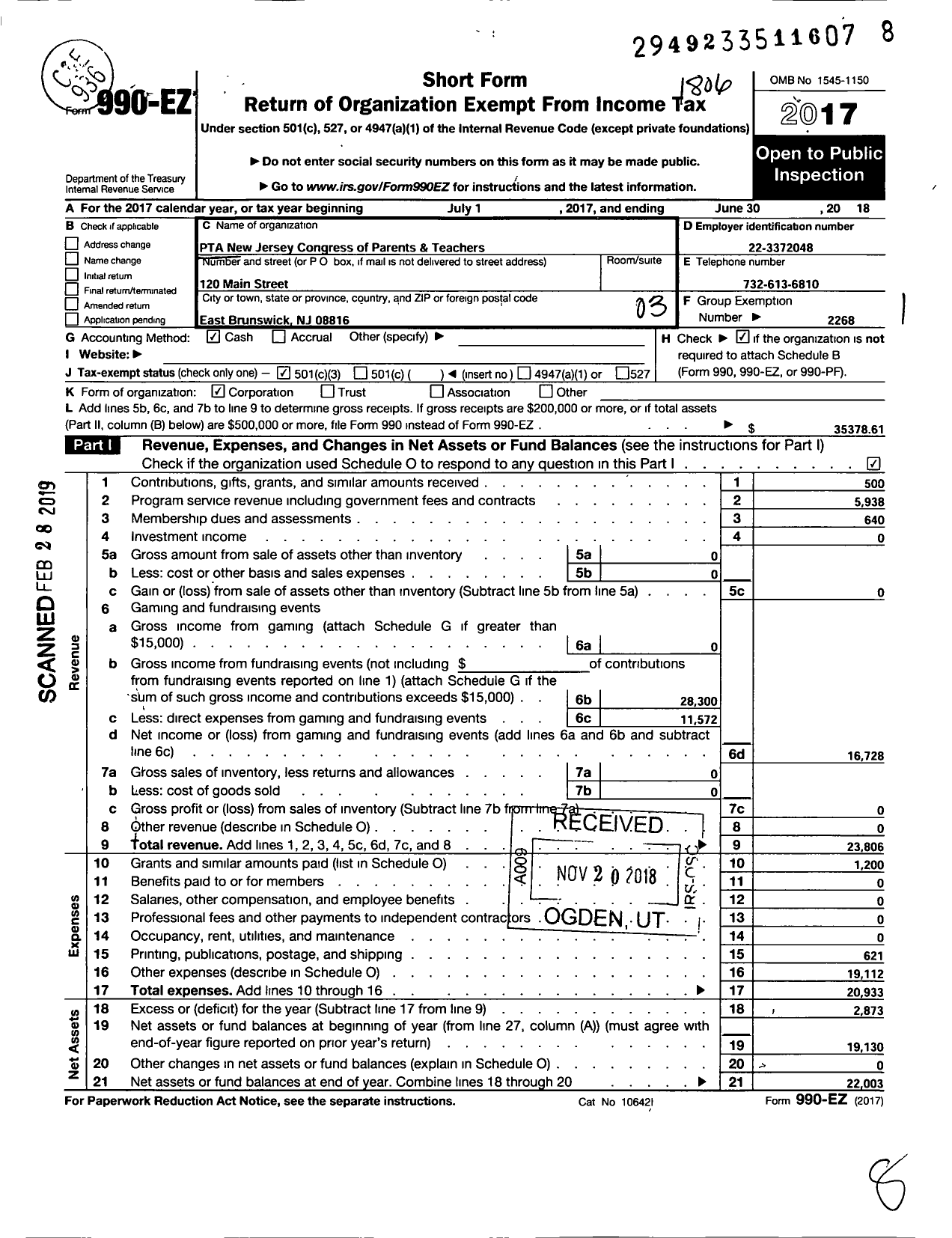 Image of first page of 2017 Form 990EZ for New Jersey PTA - 21245 Browne-Munro PTA