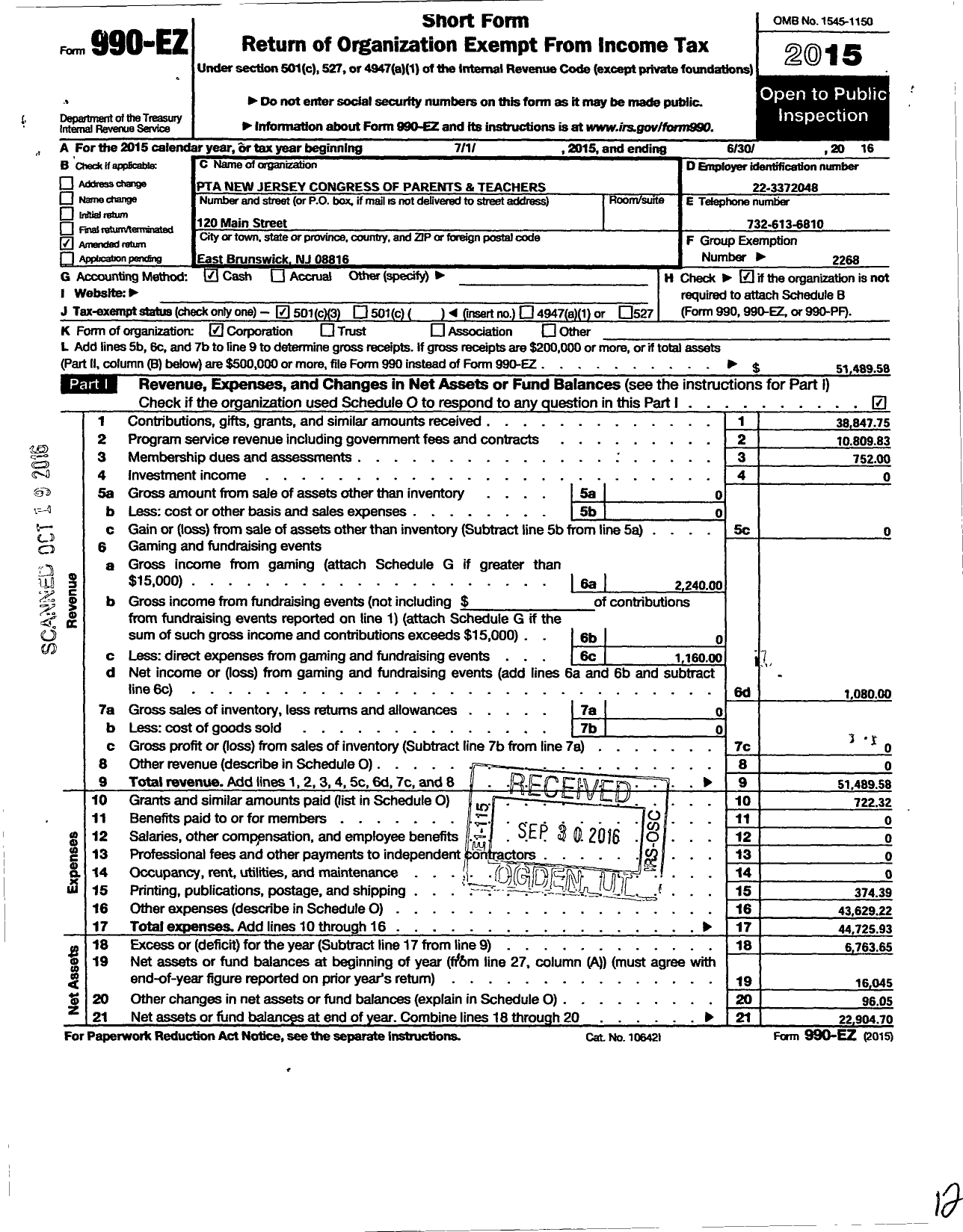 Image of first page of 2015 Form 990EZ for New Jersey PTA - 21245 Browne-Munro PTA