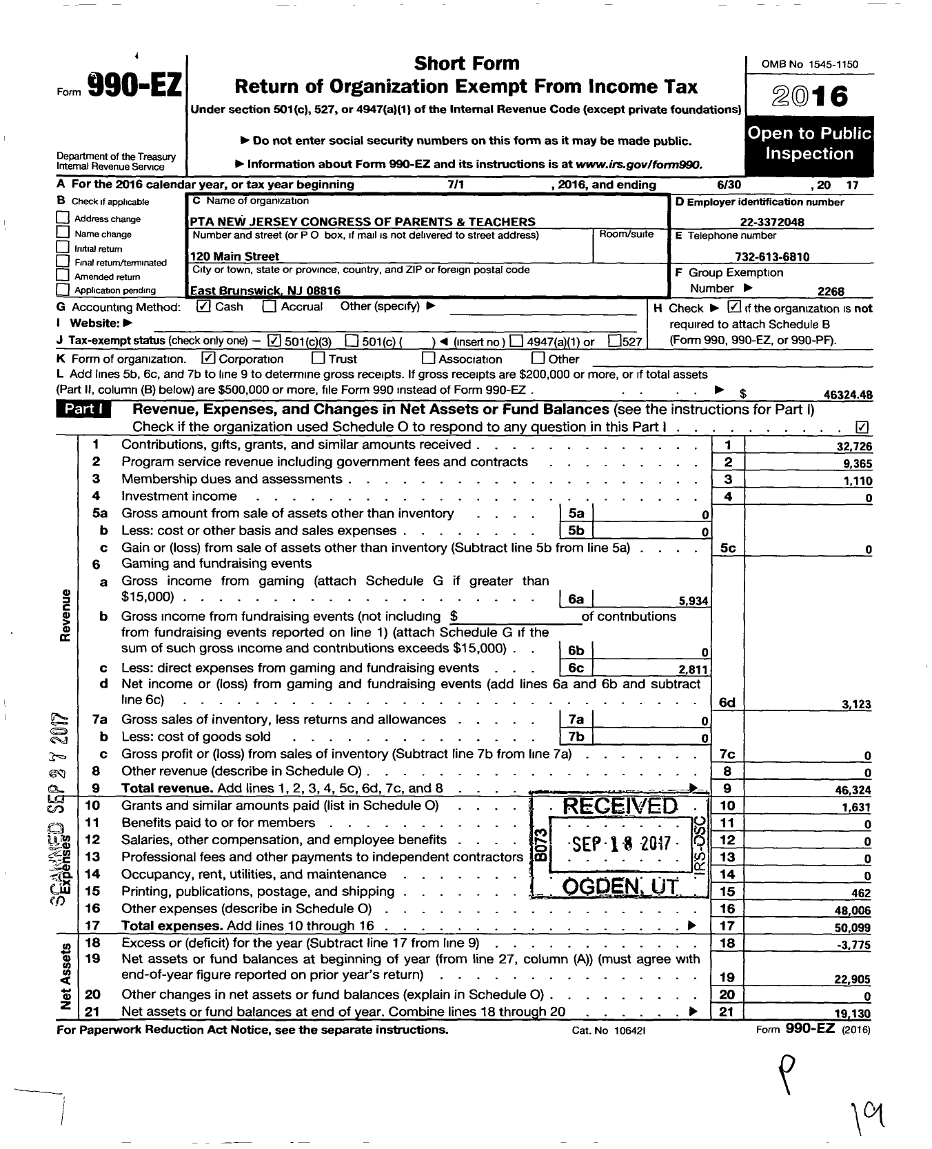 Image of first page of 2016 Form 990EZ for New Jersey PTA - 21245 Browne-Munro PTA