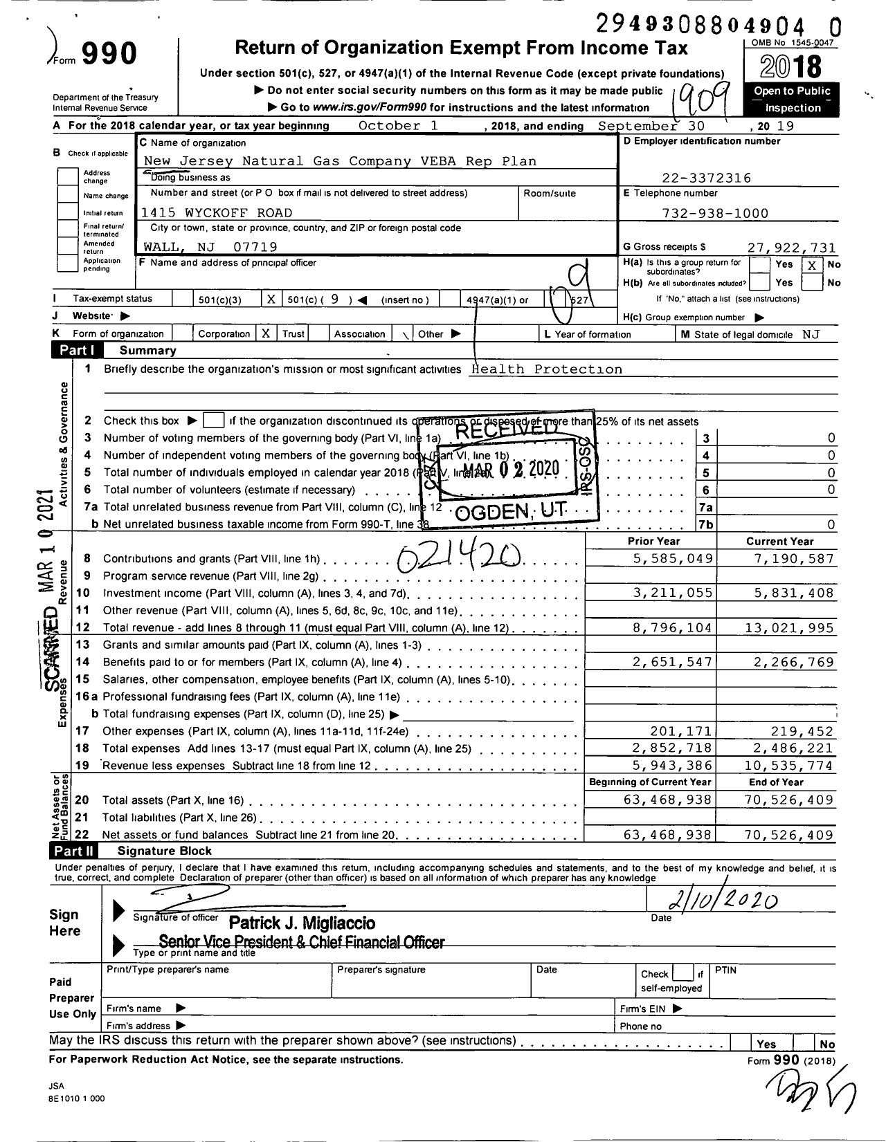 Image of first page of 2018 Form 990O for New Jersey Natural Gas VEBA Rep Plan