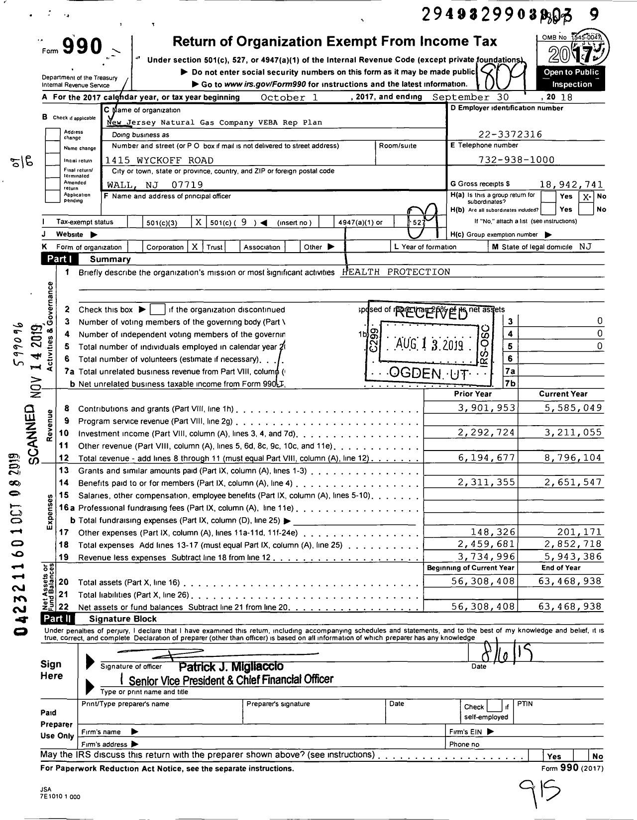 Image of first page of 2017 Form 990O for New Jersey Natural Gas VEBA Rep Plan