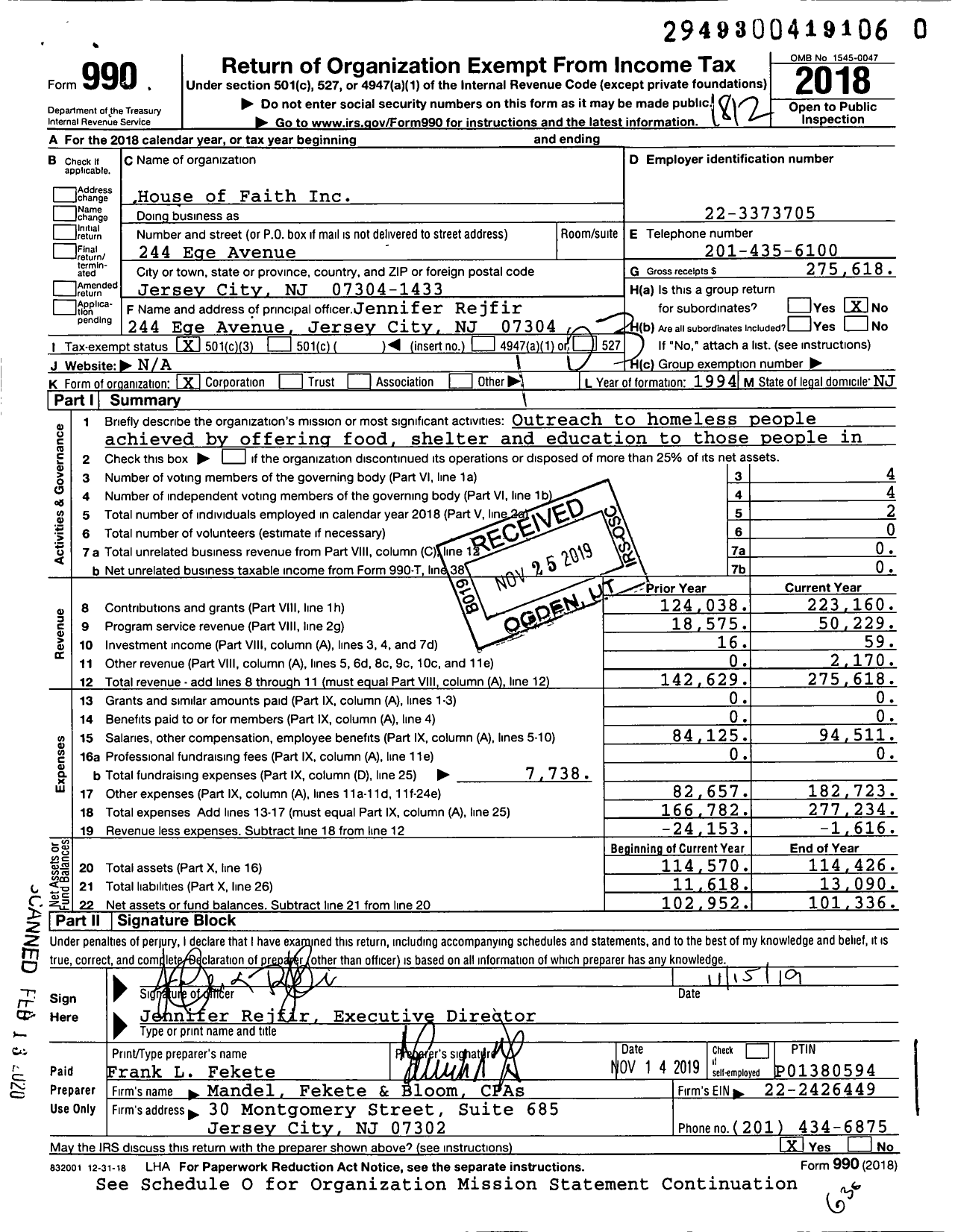 Image of first page of 2018 Form 990 for House of Faith