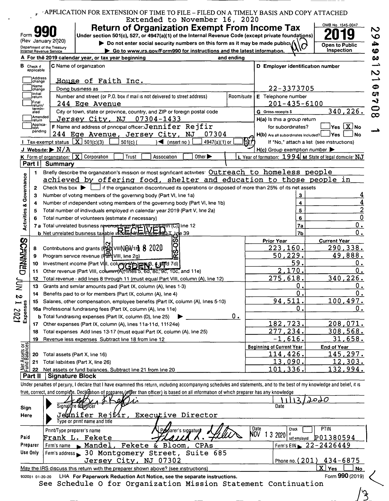 Image of first page of 2019 Form 990 for House of Faith