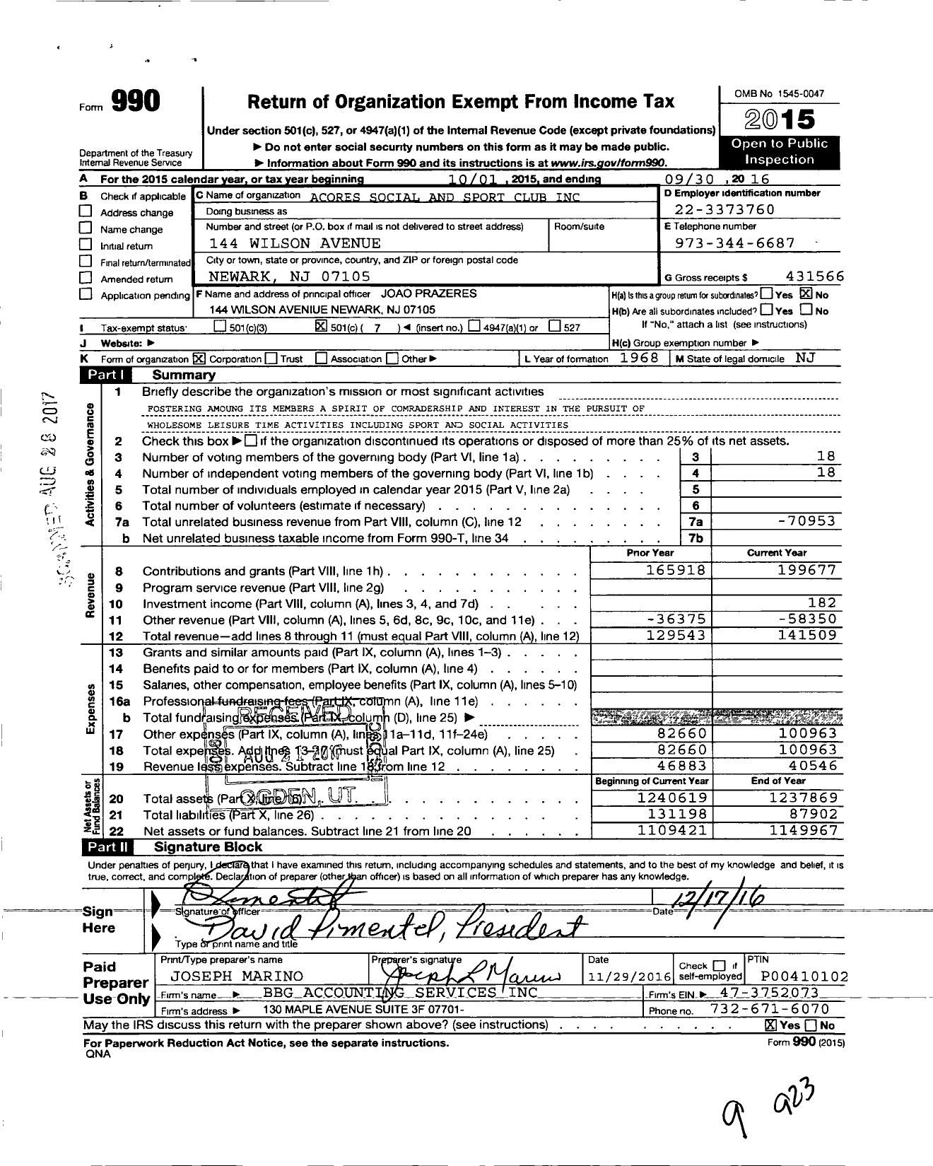 Image of first page of 2015 Form 990O for Acores Social and Sport Club