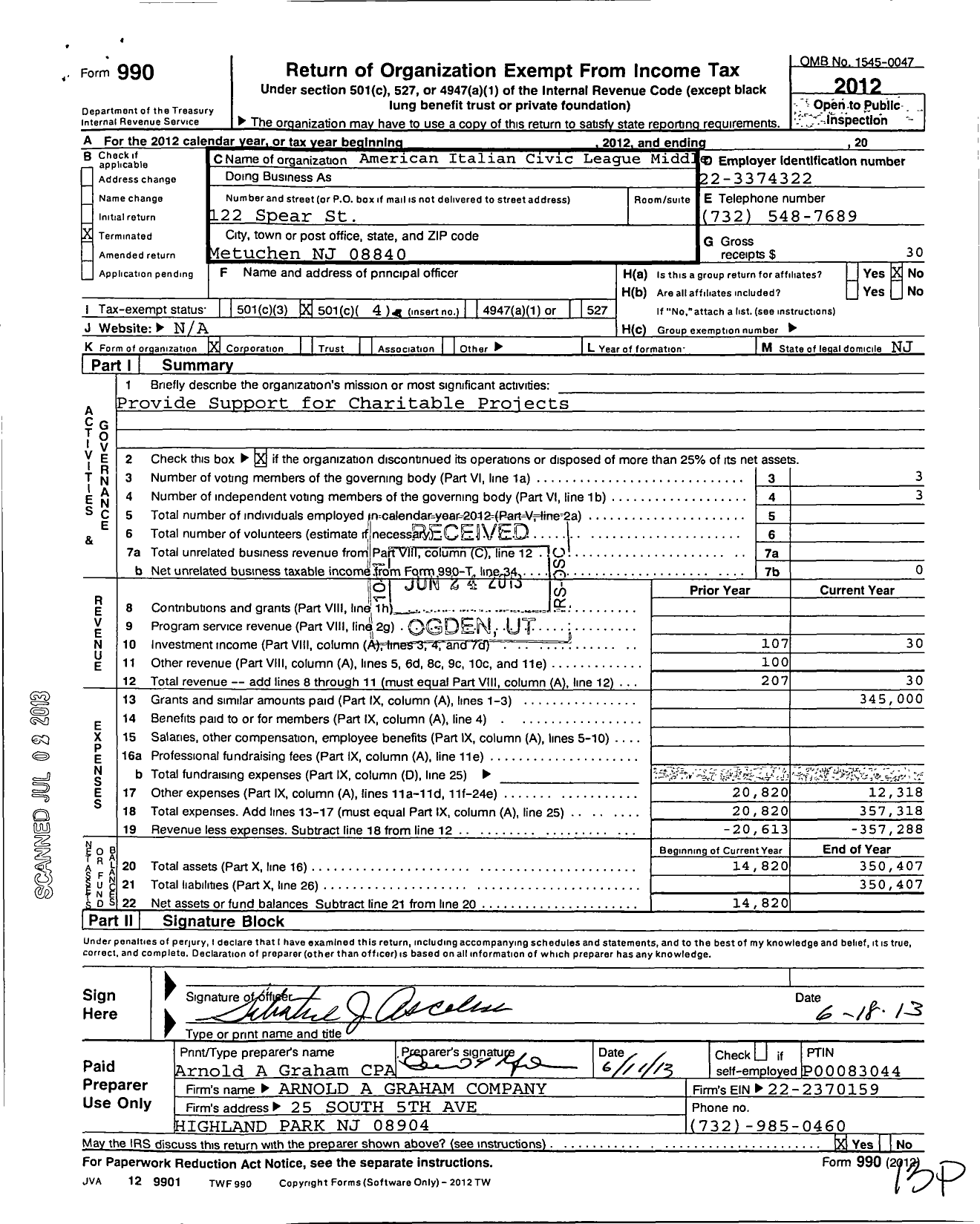 Image of first page of 2012 Form 990O for American Italian Civic League Middl