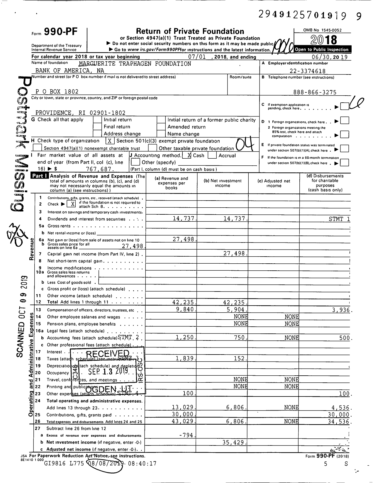 Image of first page of 2018 Form 990PF for Marguerite Traphagen Foundation