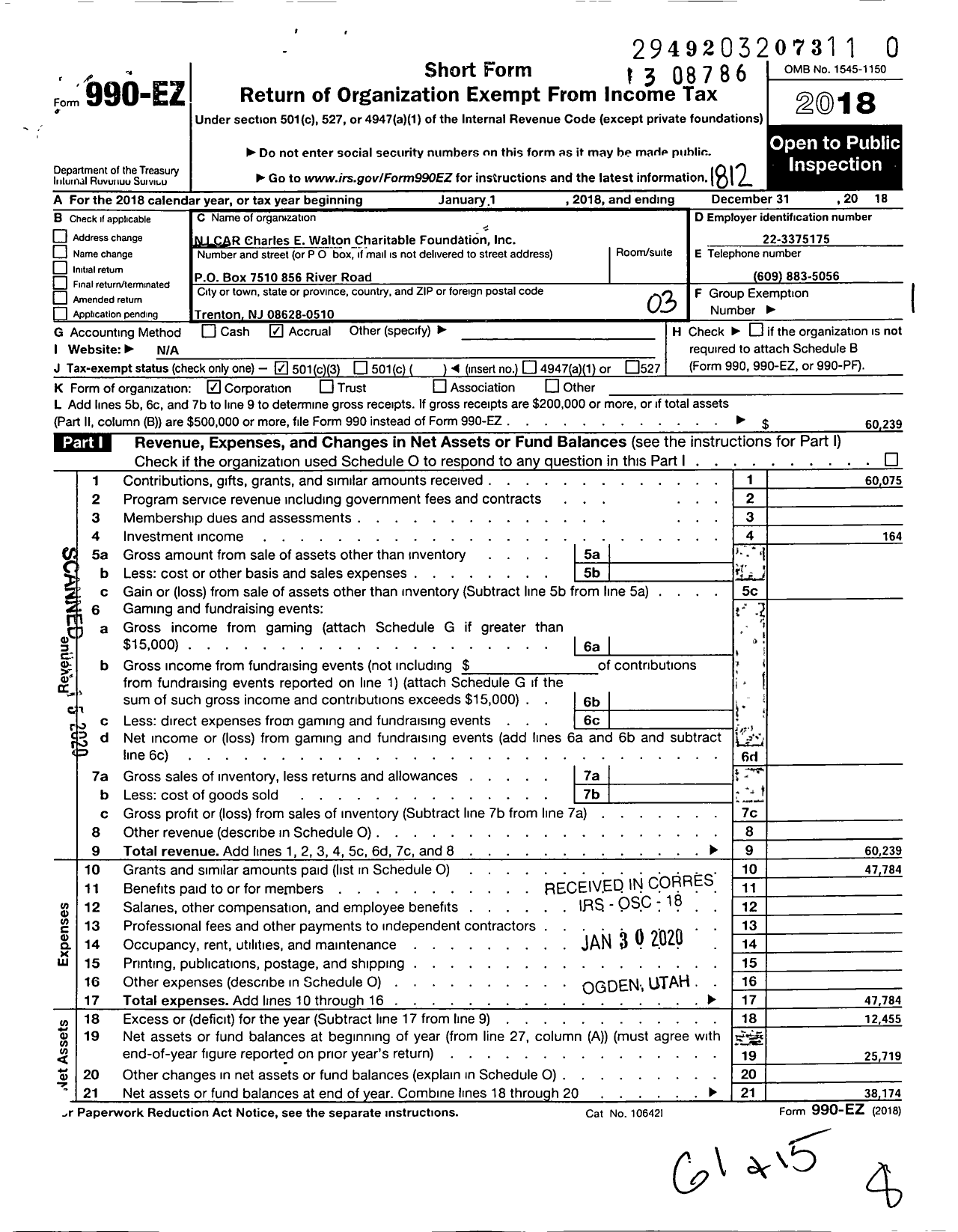 Image of first page of 2018 Form 990EZ for NJ Car Charles E Walton Charitable Foundation