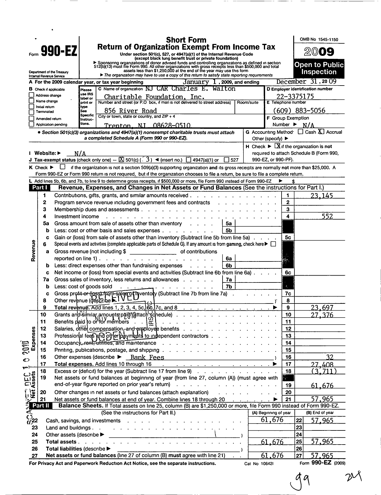 Image of first page of 2009 Form 990EZ for NJ Car Charles E Walton Charitable Foundation