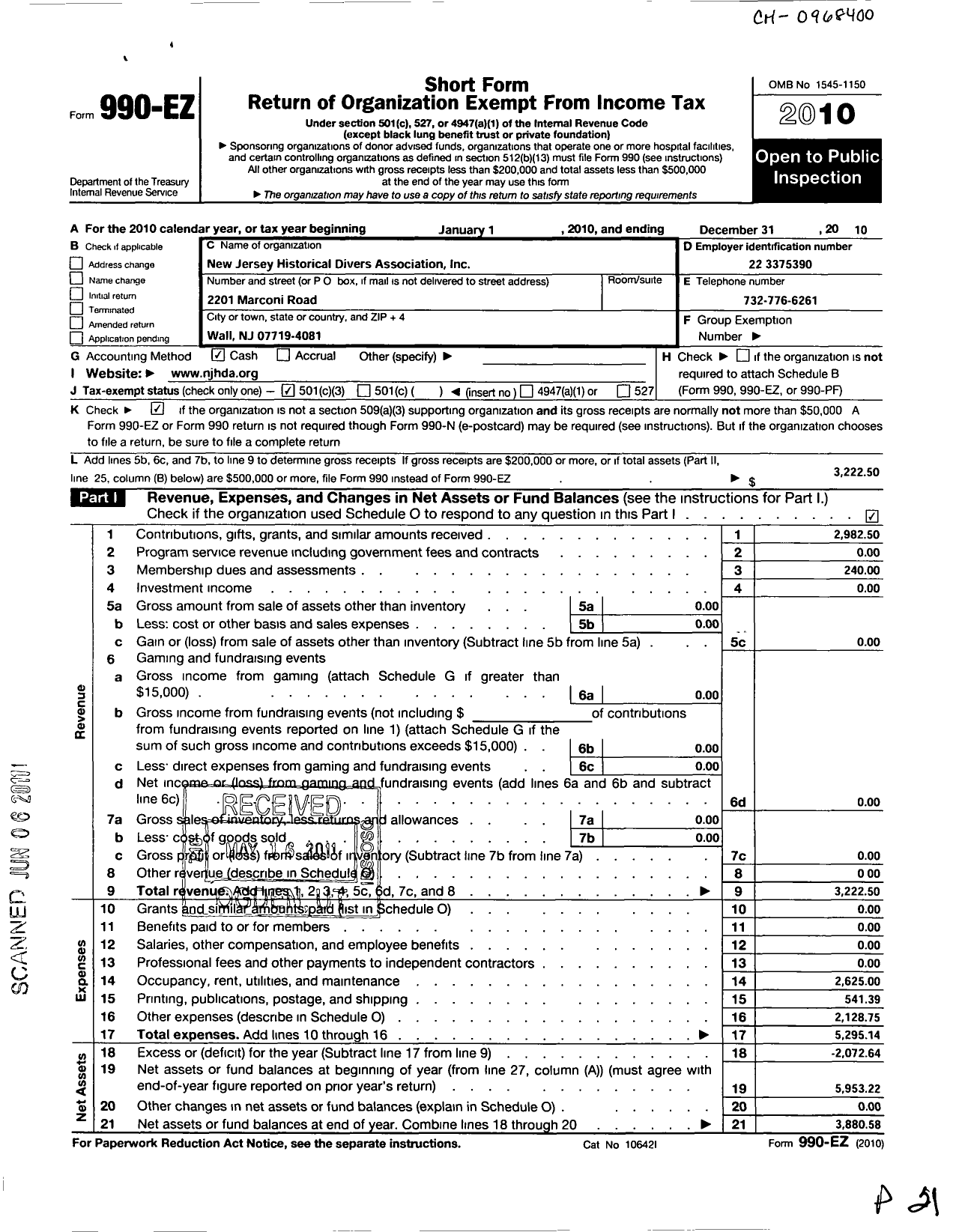 Image of first page of 2010 Form 990EZ for New Jersey Historical Divers Association