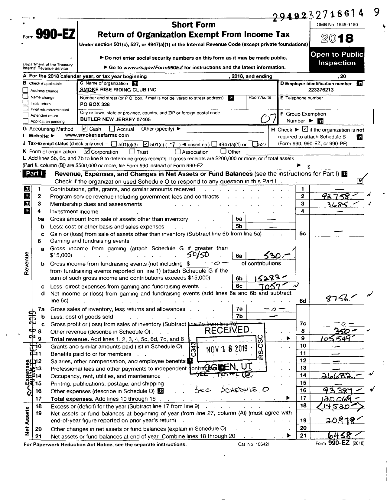 Image of first page of 2018 Form 990EO for Smoke Rise Riding Club