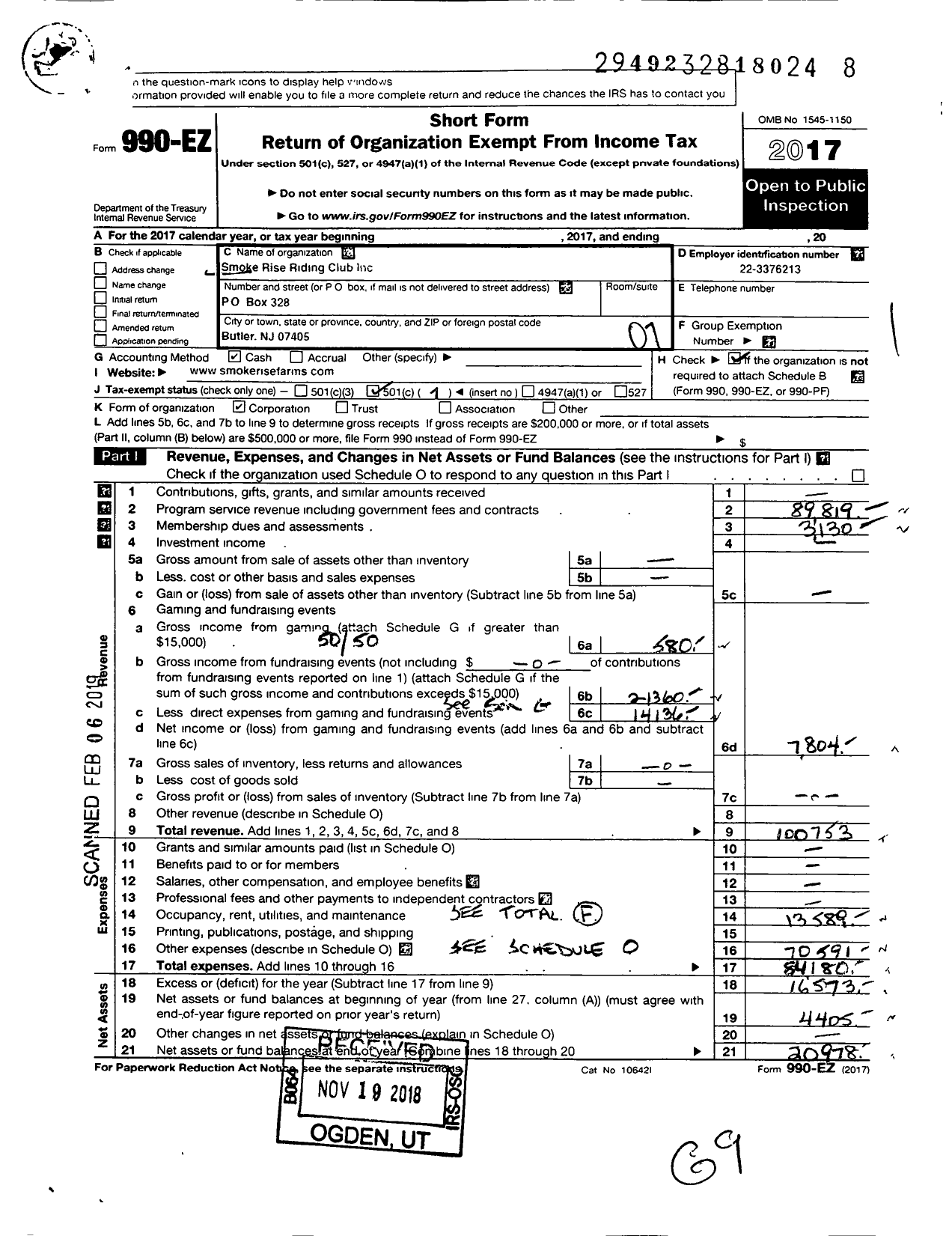 Image of first page of 2017 Form 990EO for Smoke Rise Riding Club