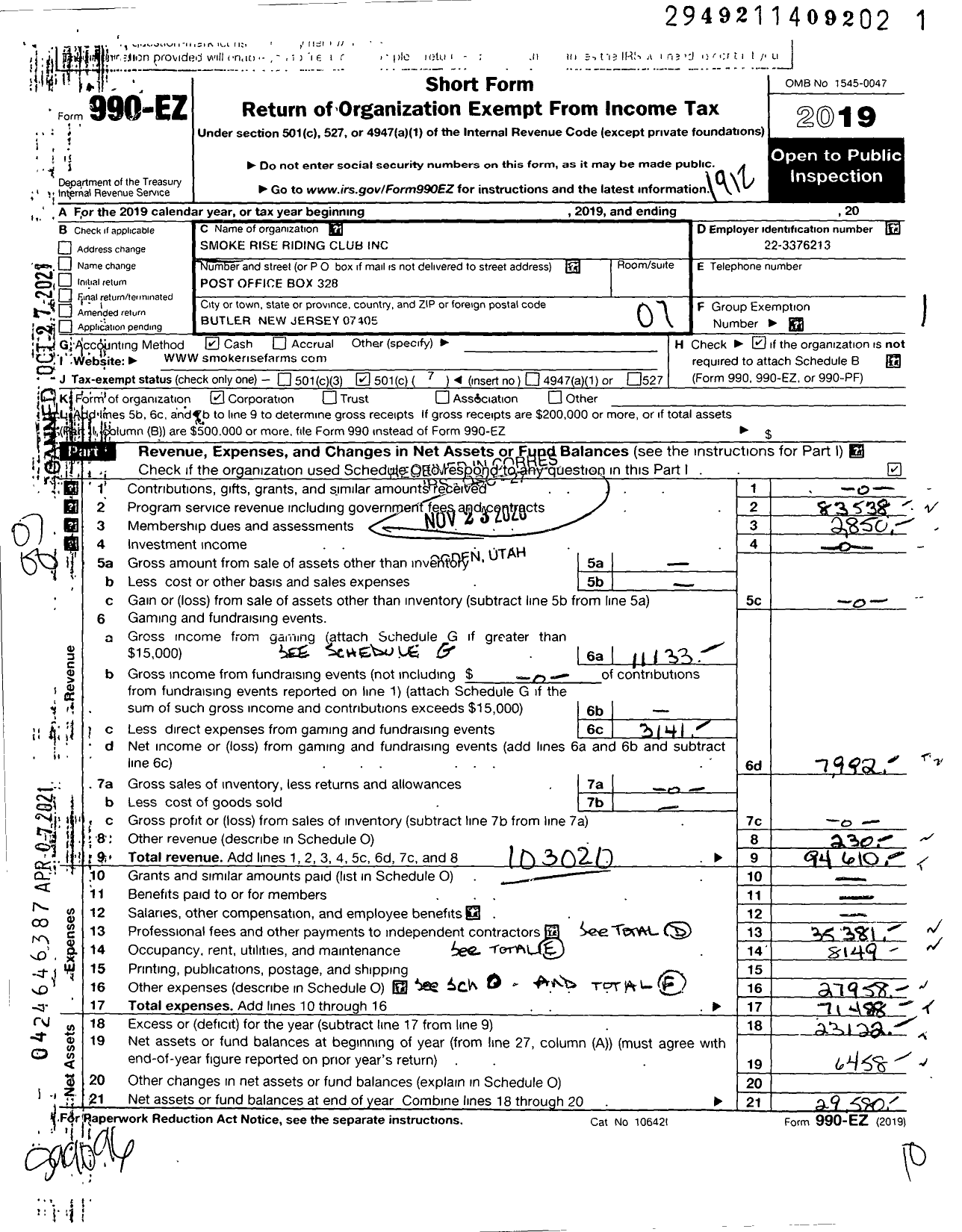 Image of first page of 2019 Form 990EO for Smoke Rise Riding Club