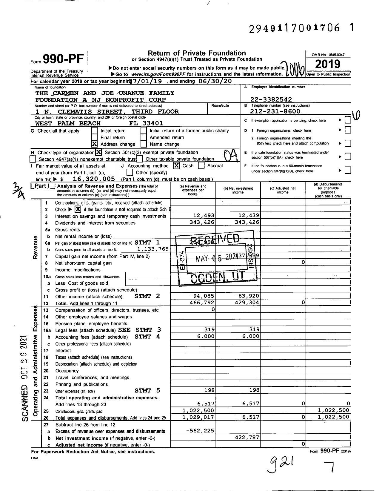 Image of first page of 2019 Form 990PF for The Carmen and Joe Unanue Family Foundation A NJ Nonprofit Corporation
