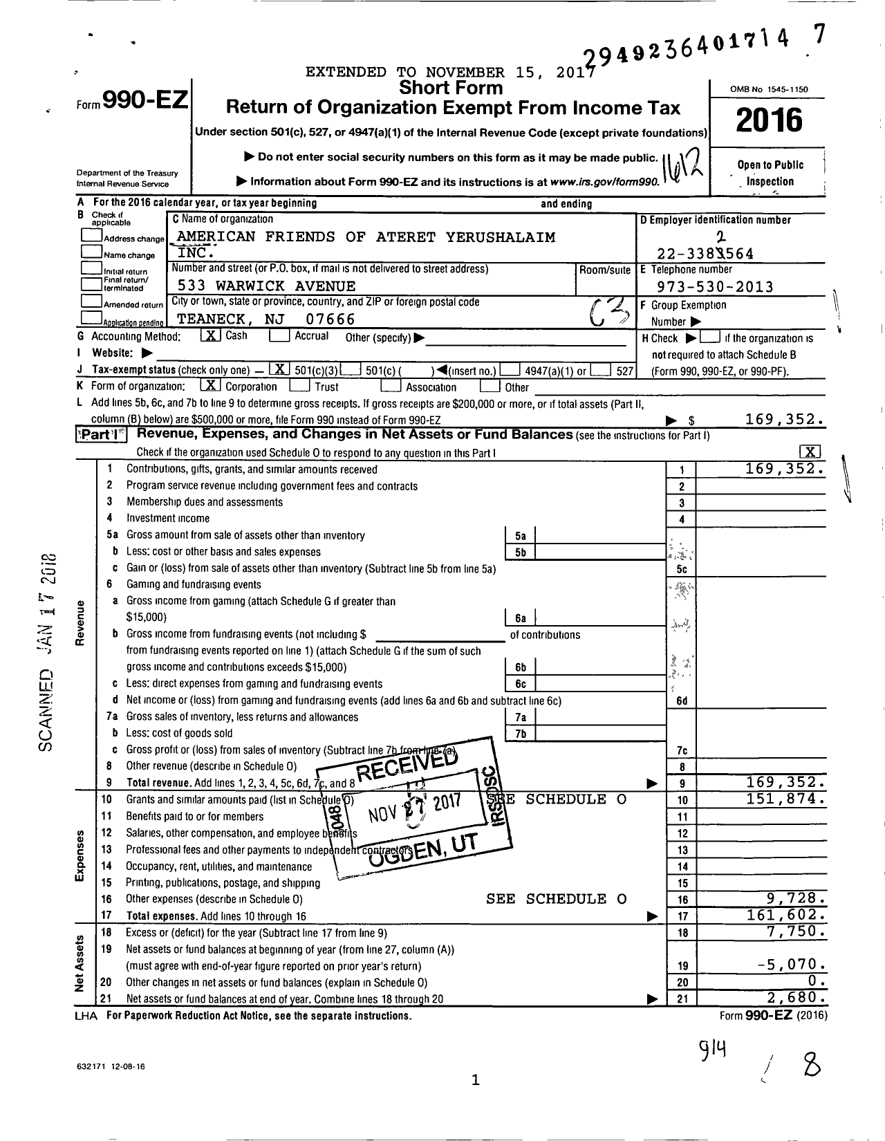 Image of first page of 2016 Form 990EZ for American Friends of Yeshivat Ateret Yerushalayim