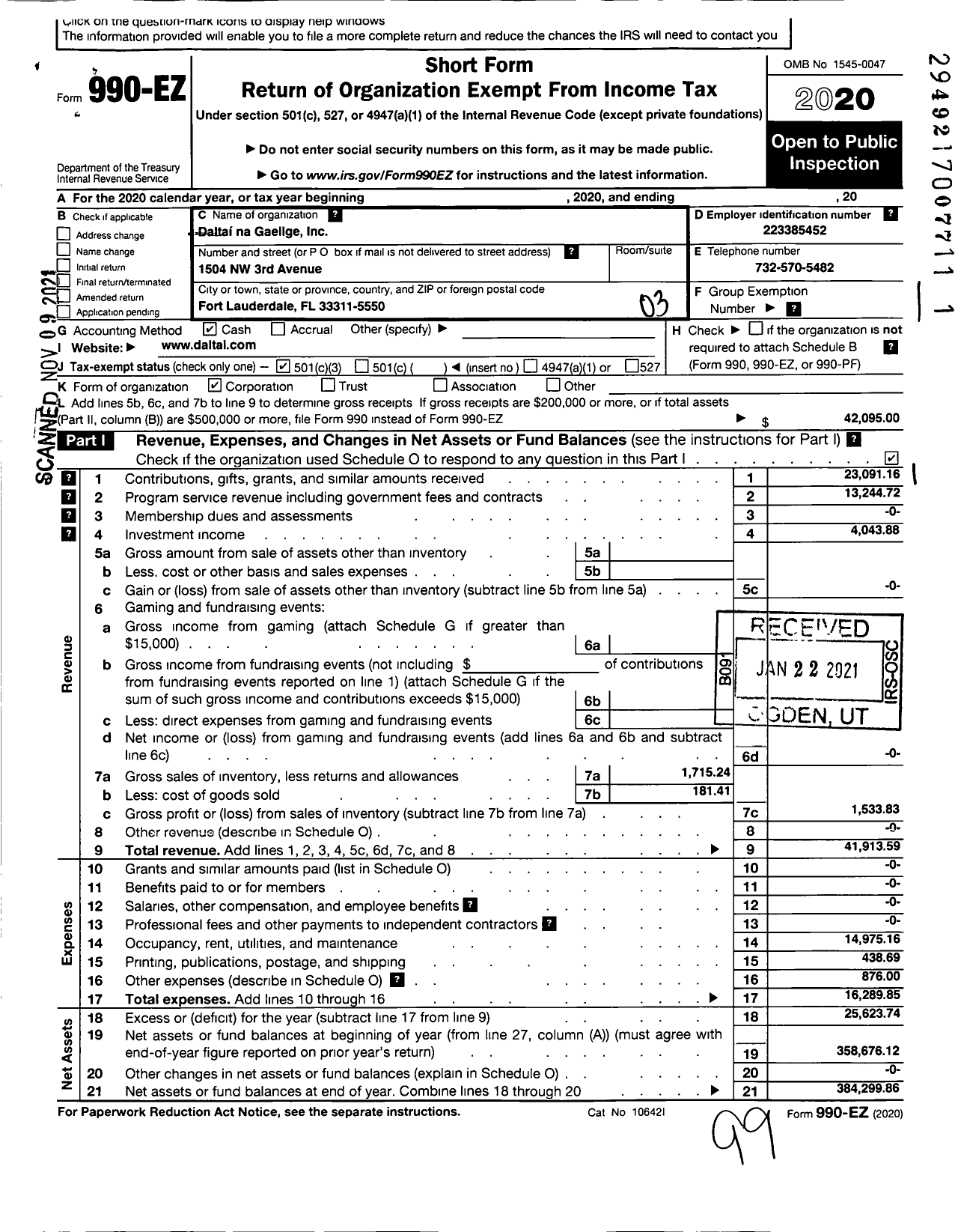 Image of first page of 2020 Form 990EZ for Daltai Na Gaeilge