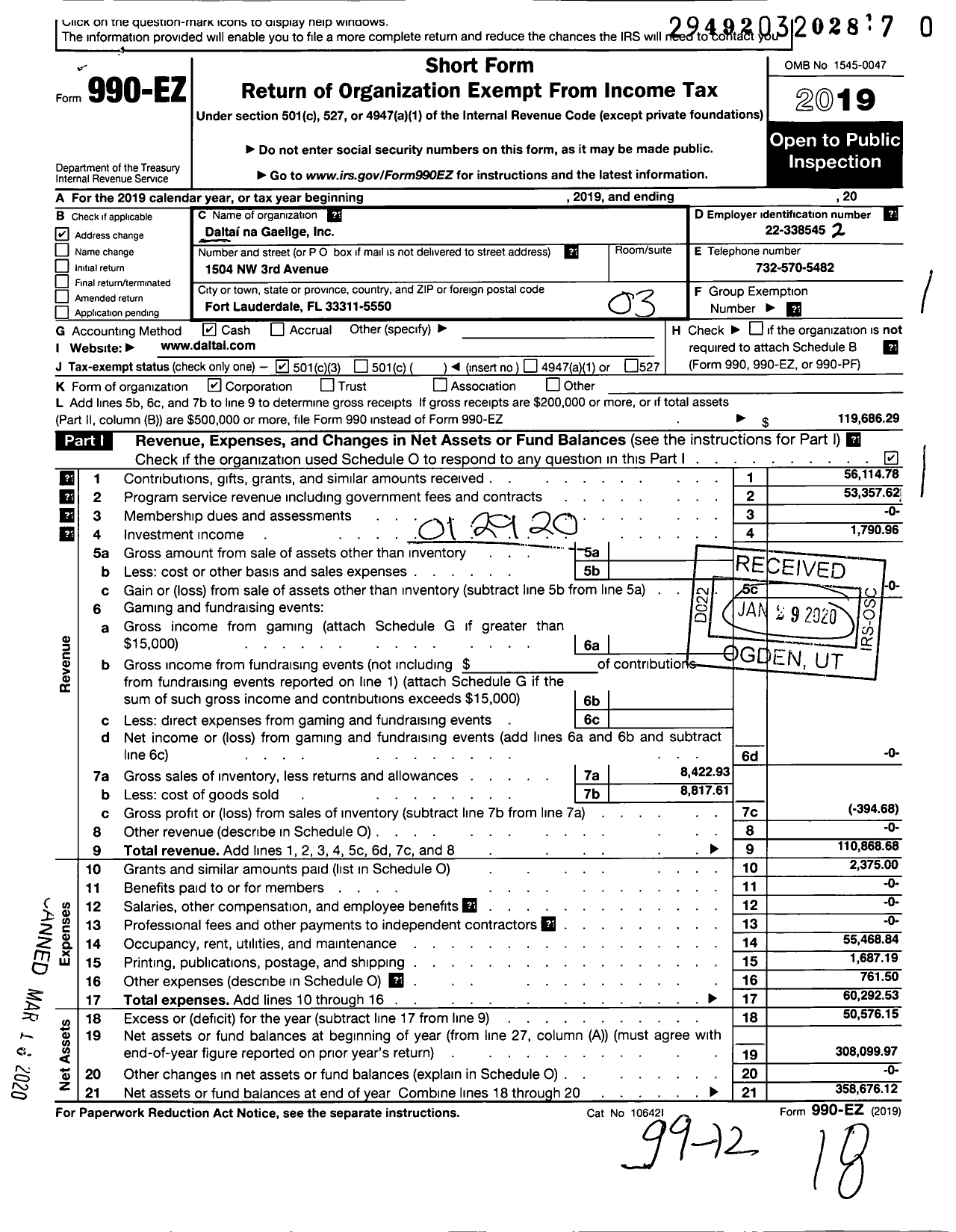 Image of first page of 2019 Form 990EZ for Daltai Na Gaeilge