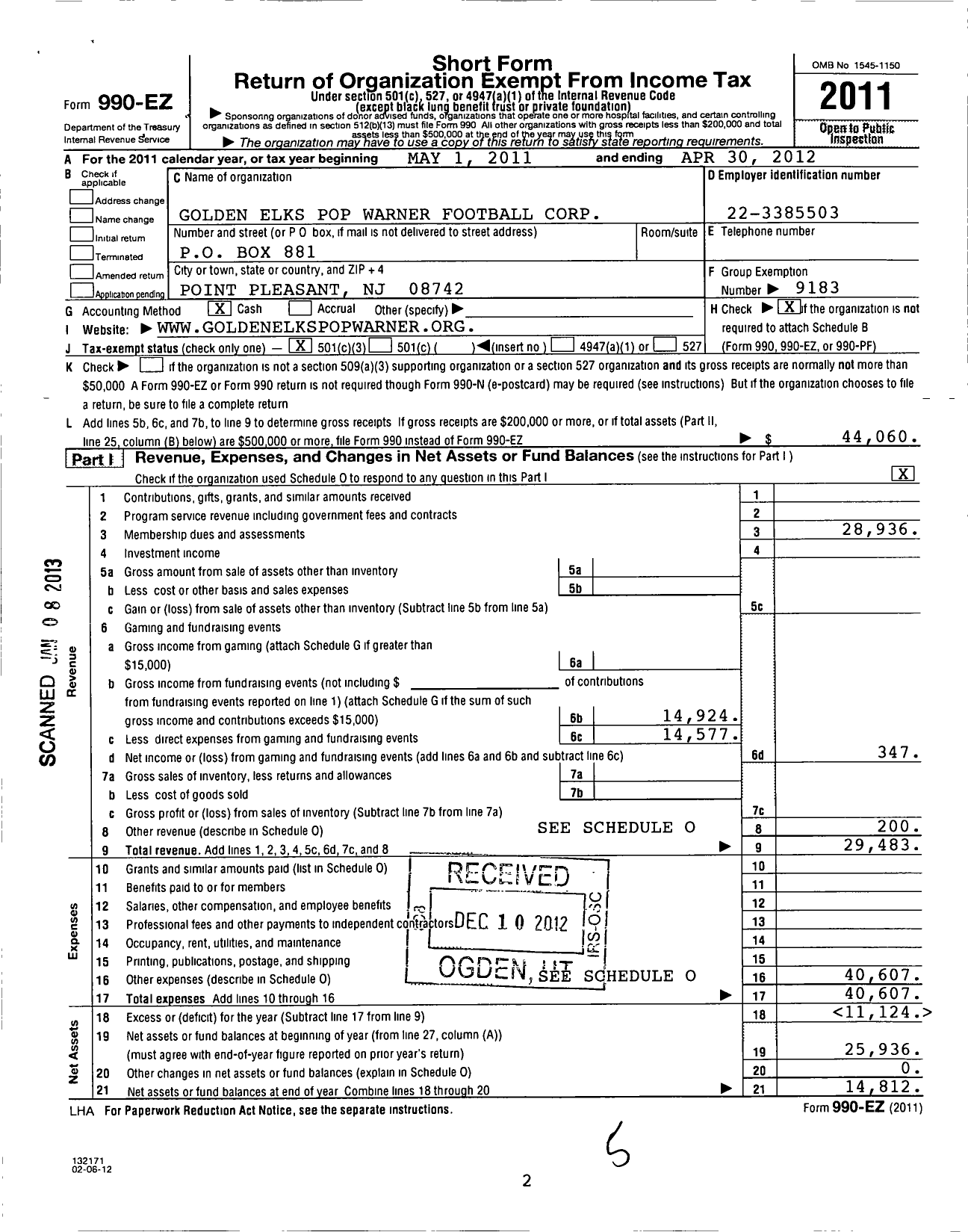 Image of first page of 2011 Form 990EZ for Pop Warner Little Scholars / Point Pleasant Golden Elks PW