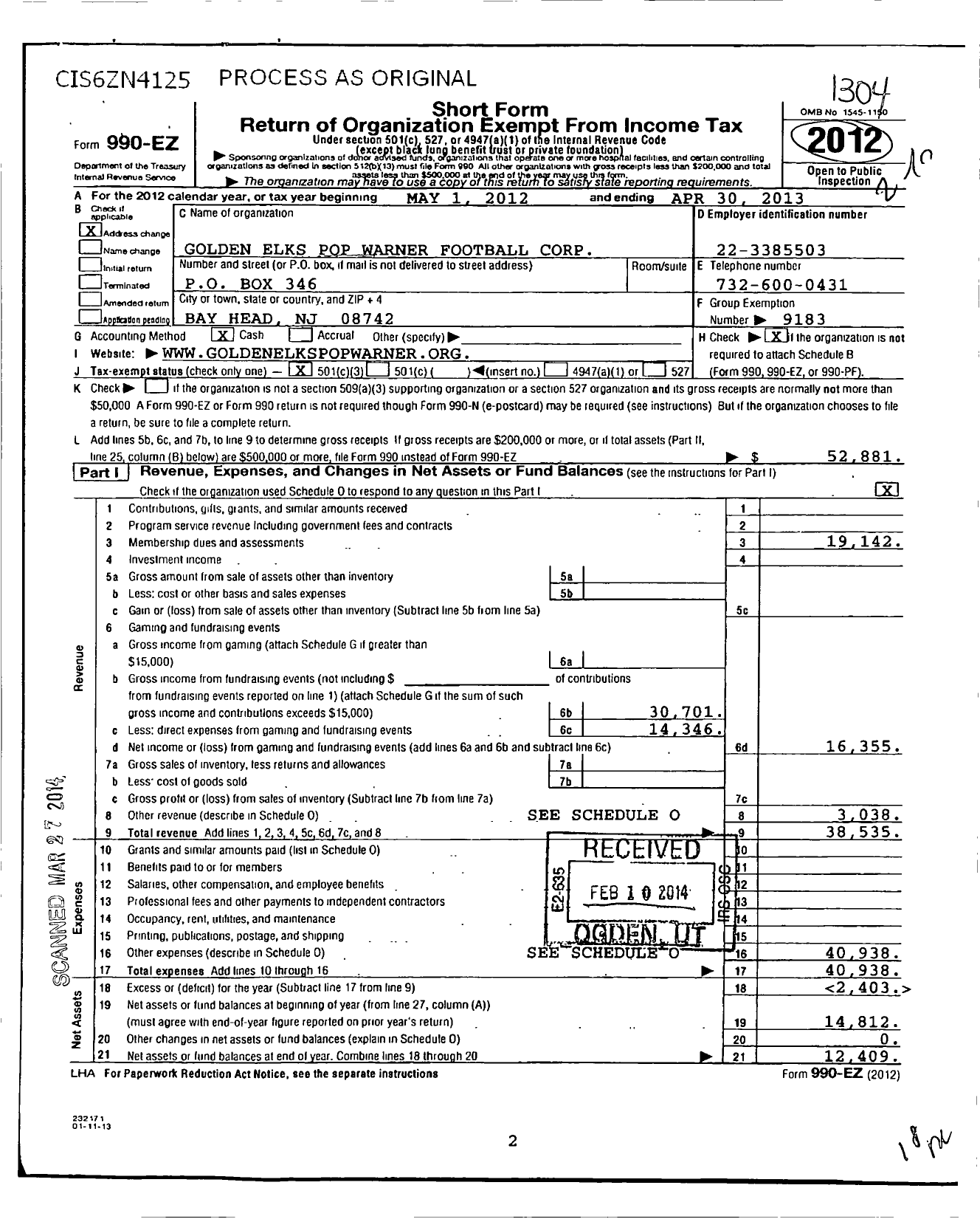 Image of first page of 2012 Form 990EZ for Pop Warner Little Scholars / Point Pleasant Golden Elks PW