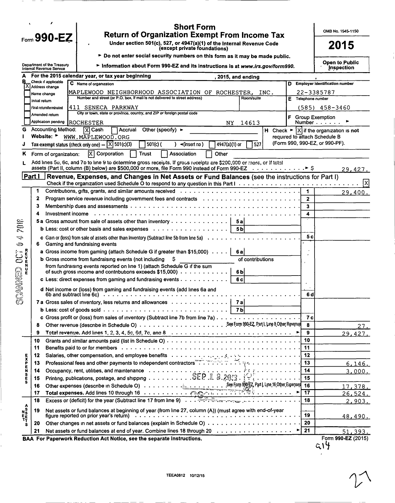 Image of first page of 2015 Form 990EZ for Maplewood Neighborhood Association of Rochester