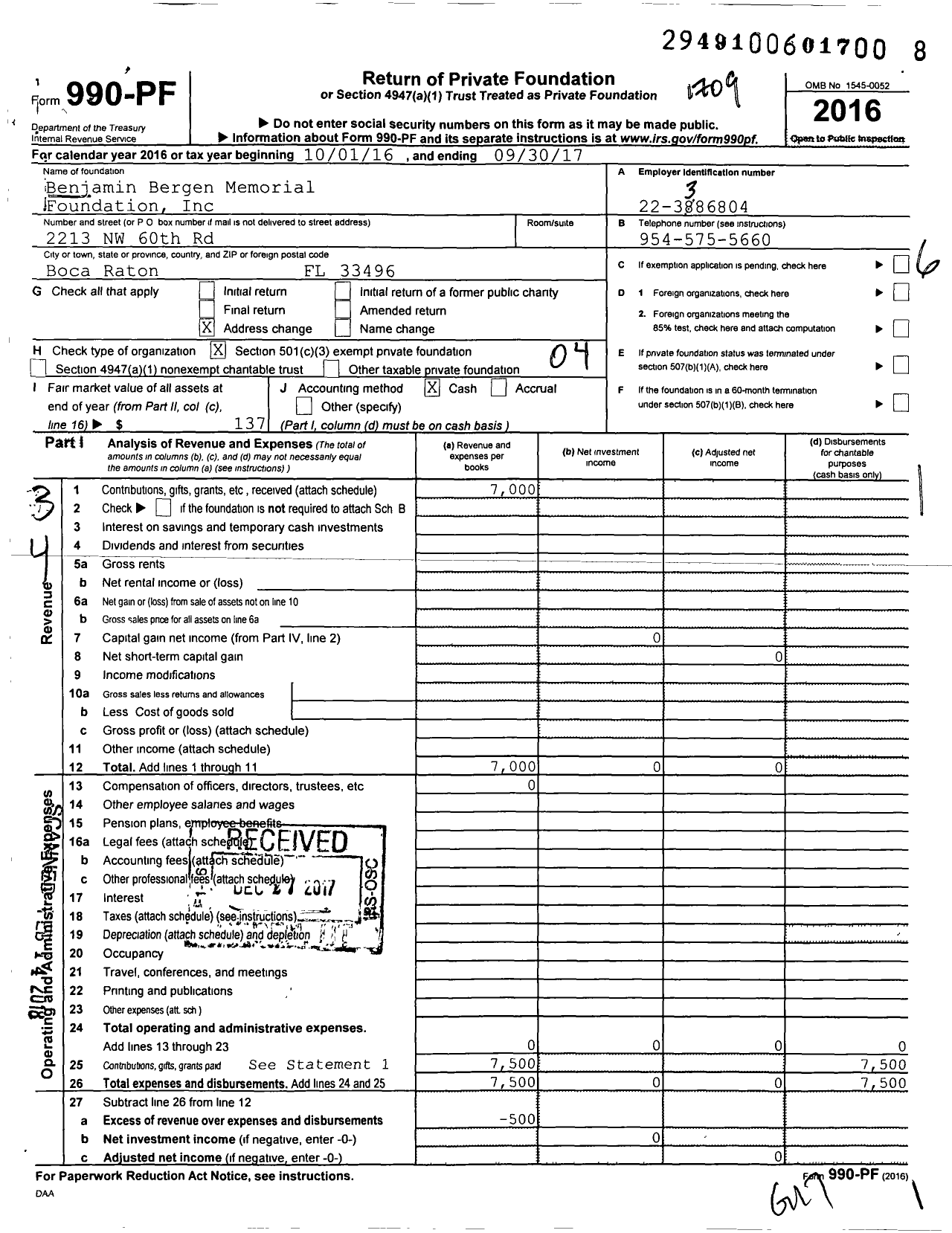 Image of first page of 2016 Form 990PF for Benjamin Bergen Memorial Foundation