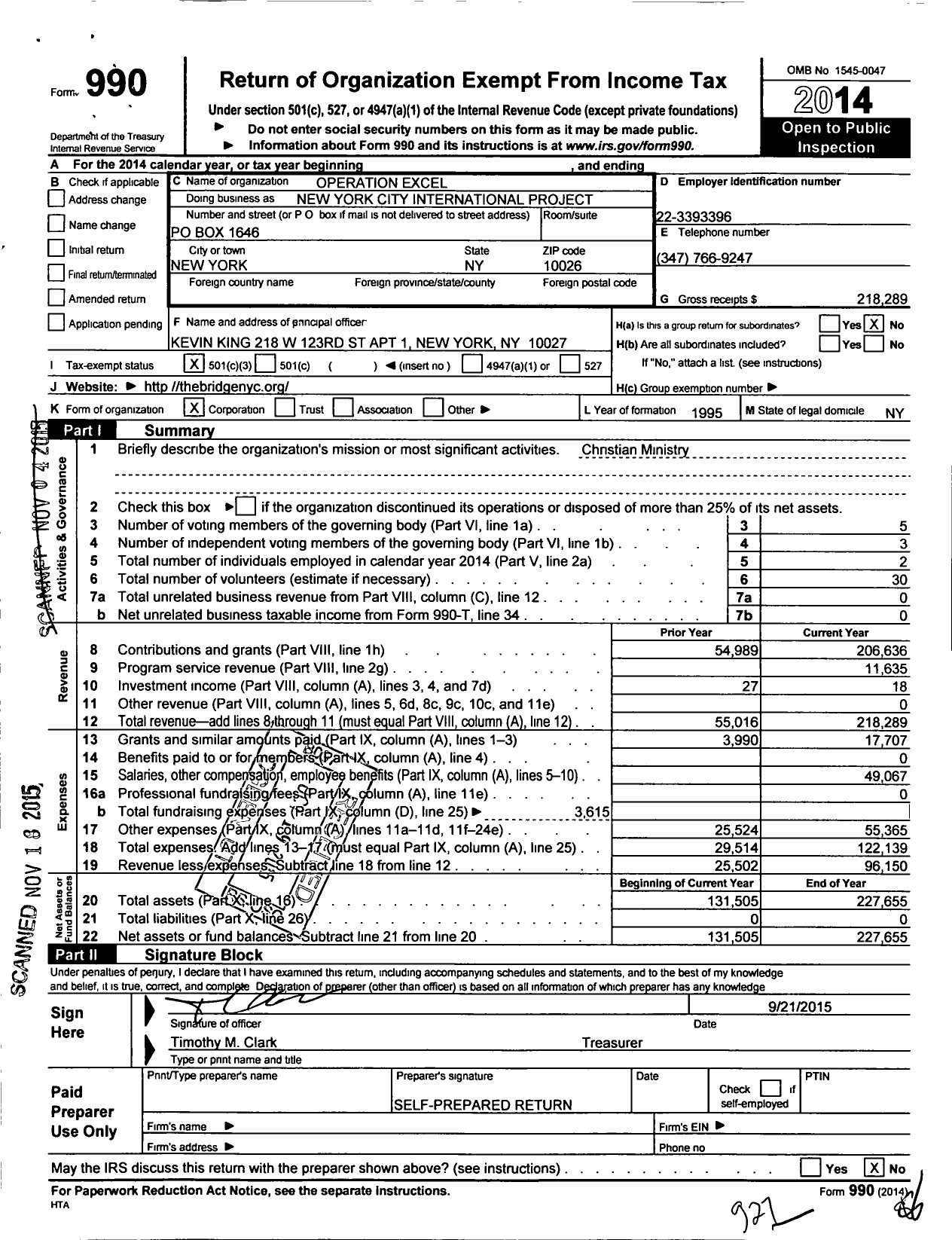 Image of first page of 2014 Form 990 for New York City International Project