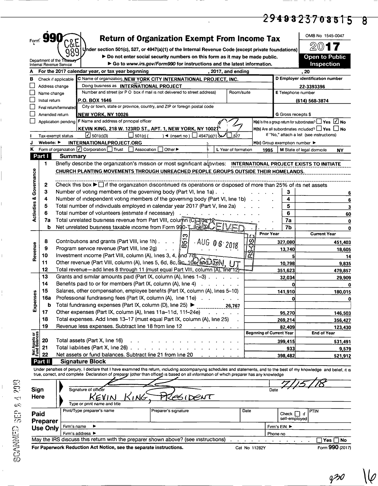 Image of first page of 2017 Form 990 for New York City International Project