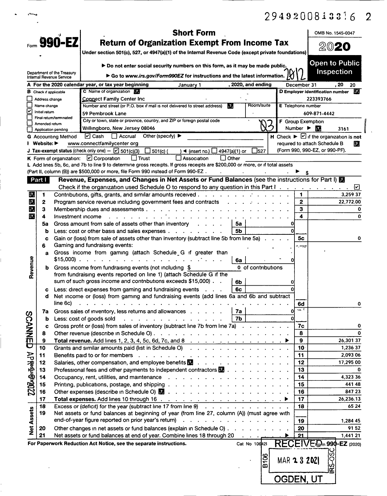 Image of first page of 2020 Form 990EZ for Connect Family Center