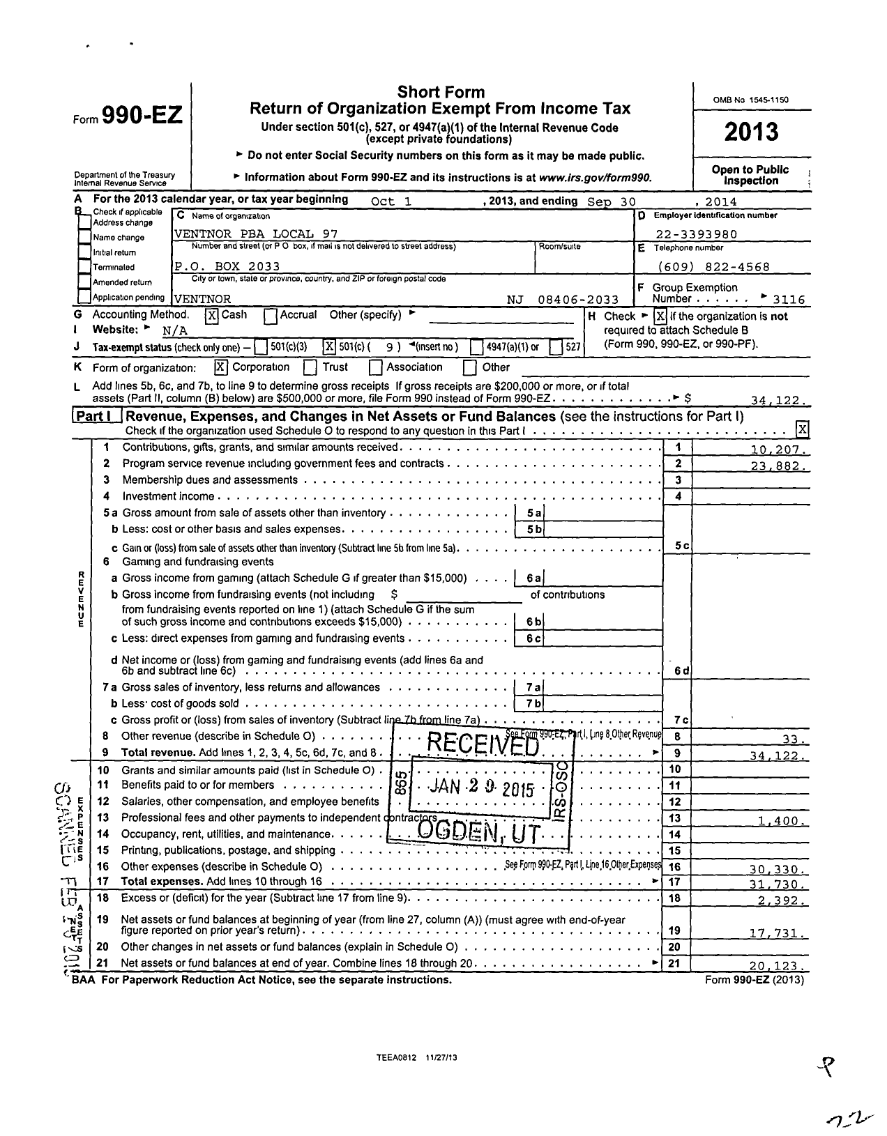 Image of first page of 2013 Form 990EO for New Jersey State Patrolmens Benevolent Association Local 97