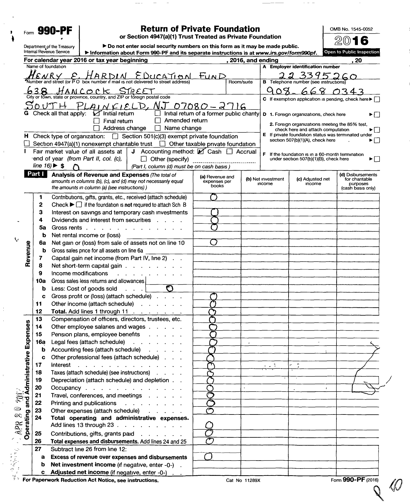 Image of first page of 2016 Form 990PF for Henry E Hardin Education Fund